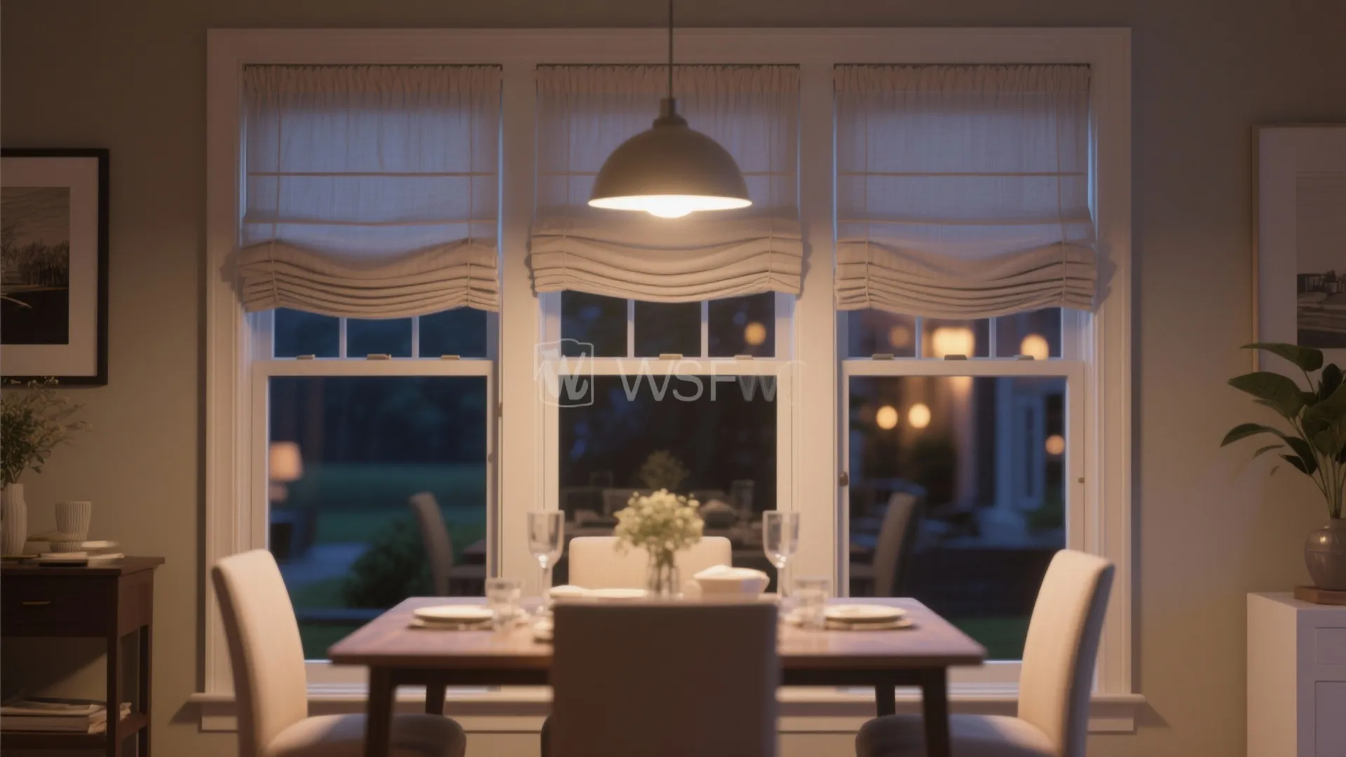 Dining room with wooden table white chairs ceiling light and roman curtains over three large windows