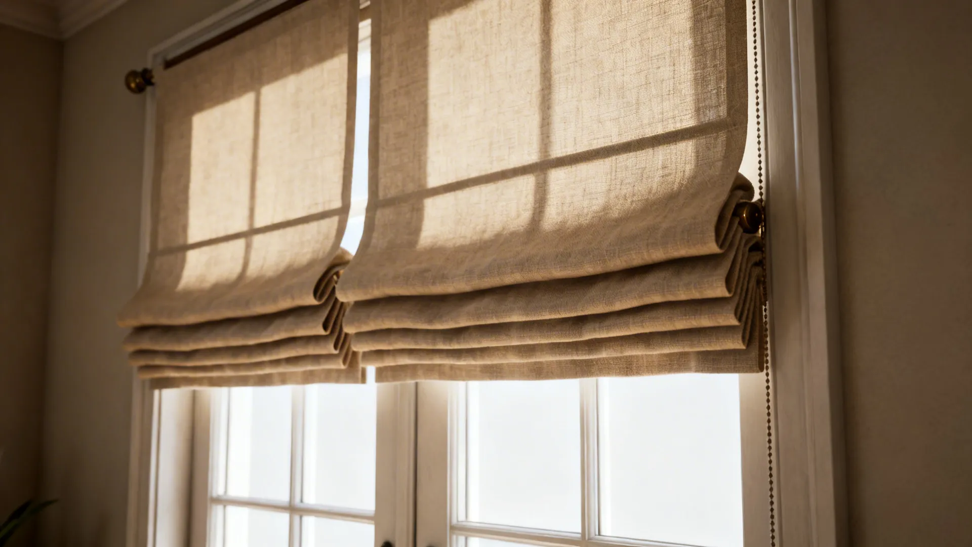 Short softly pleated Roman-style valance in textured linen over a large window.