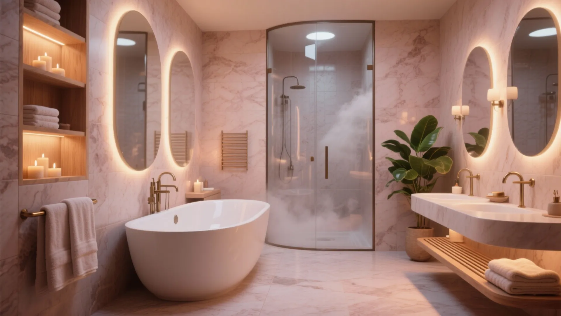 Modern pink marble bathroom featuring a white bathtub, round glowing mirrors, and a glass shower