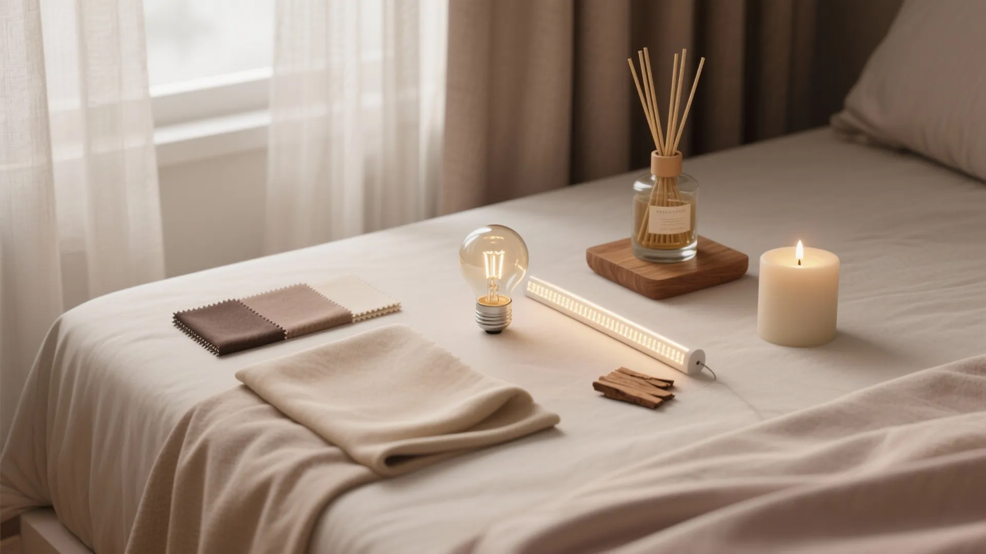 Cozy bedroom display with fabric samples light bulb scented sticks candle and soft beige bedding