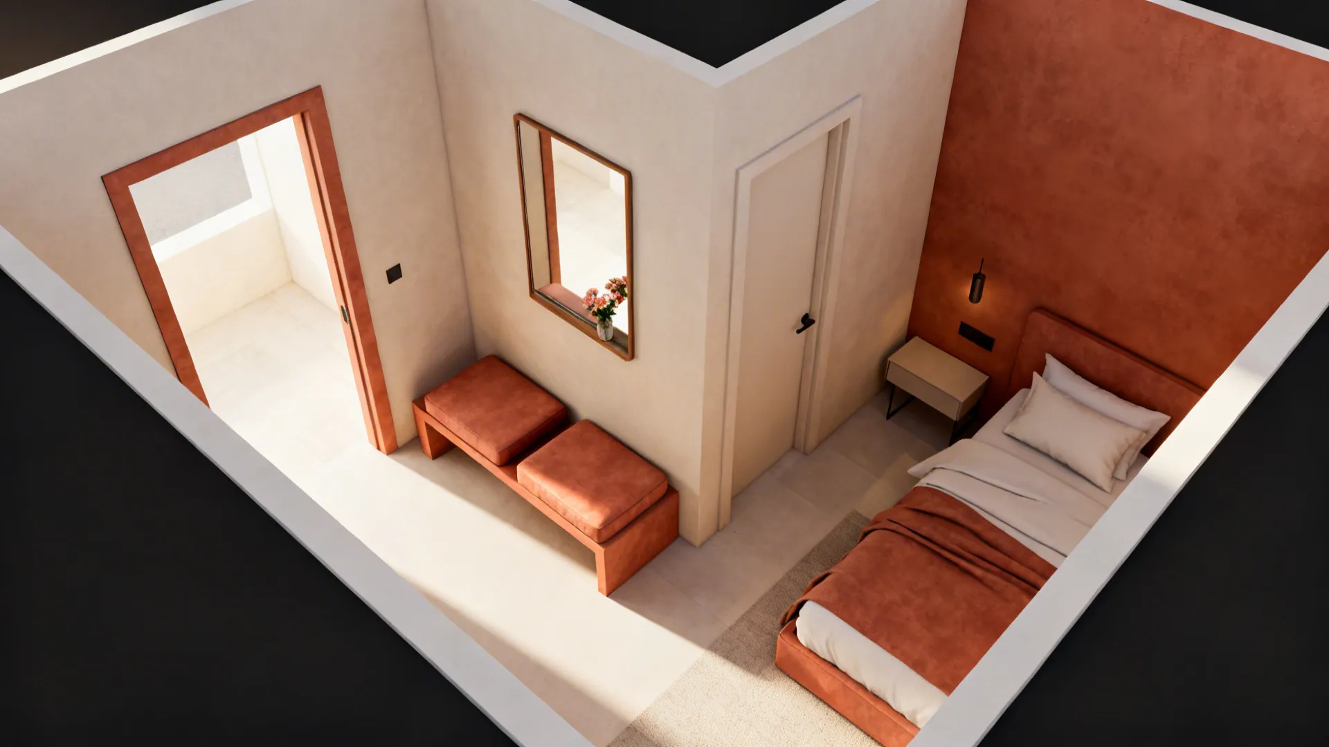 Top-down small bedroom plan with L-shaped flow from entry to seating to bed.