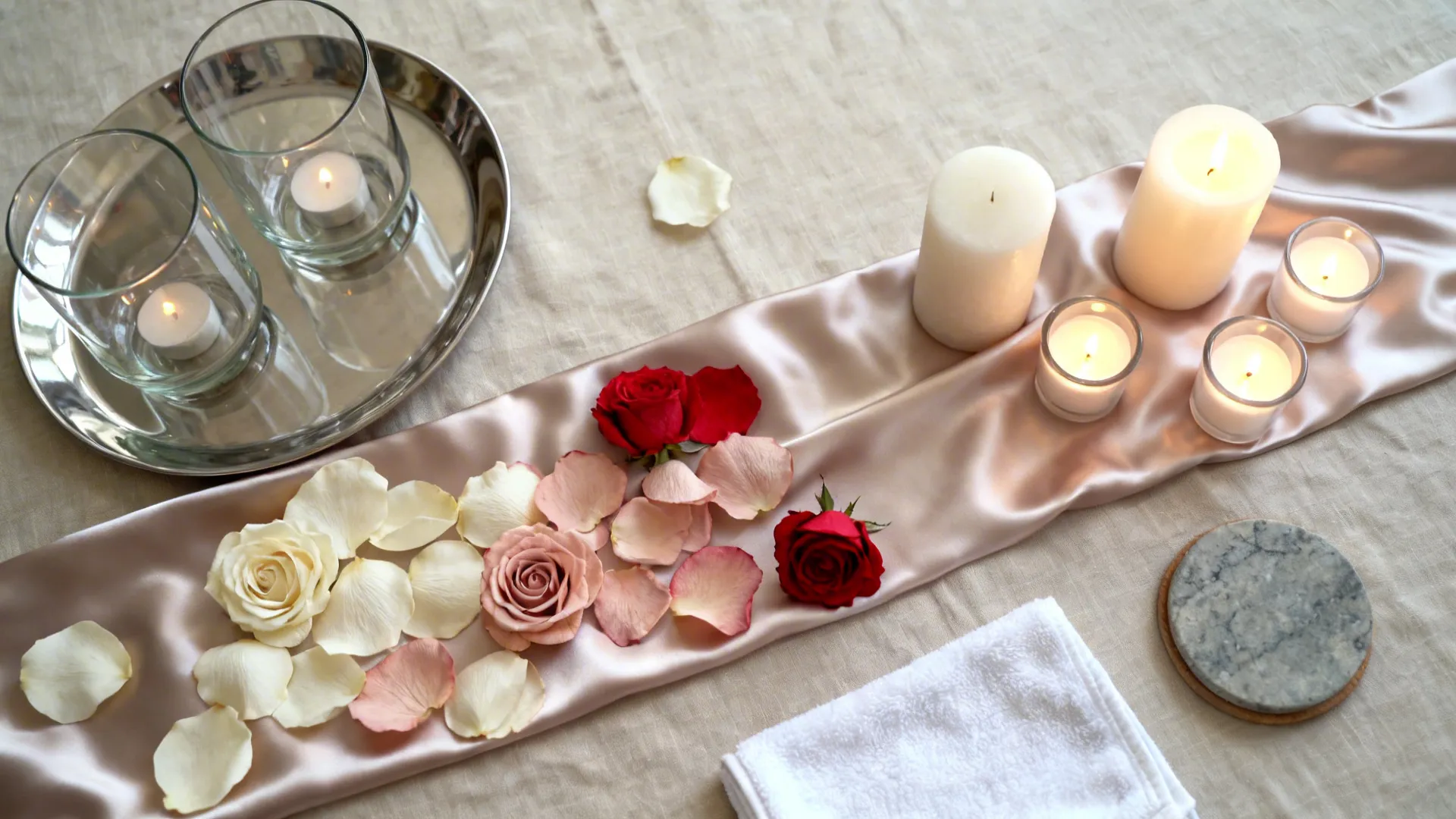 Flat lay of glass hurricanes, metallic tray, satin runner, preserved petals, LED votives, and stone coasters.