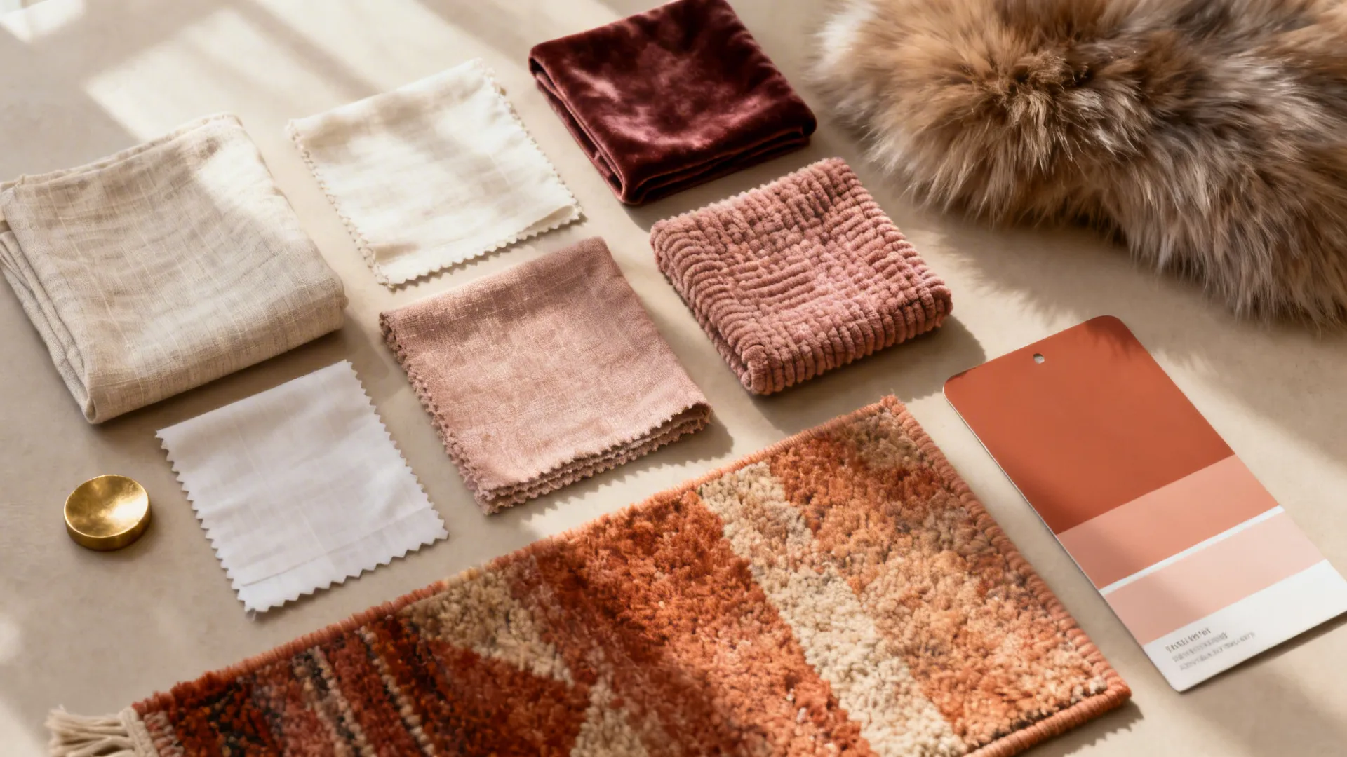 Flat lay of linen, velvet, faux fur, rug sample, brass, and terracotta paint cards.