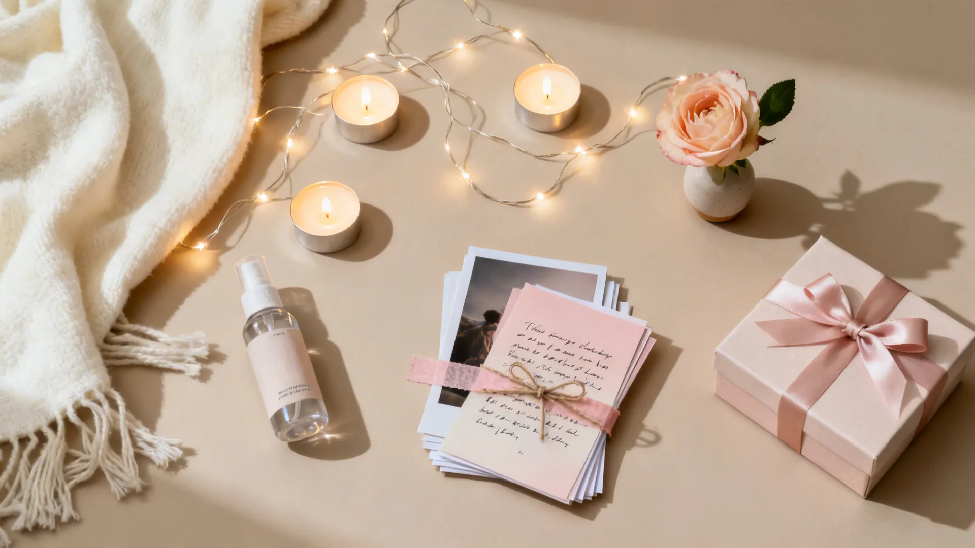Gift box with ribbon, handwritten cards, string lights, small candles, flower, and bottle on table