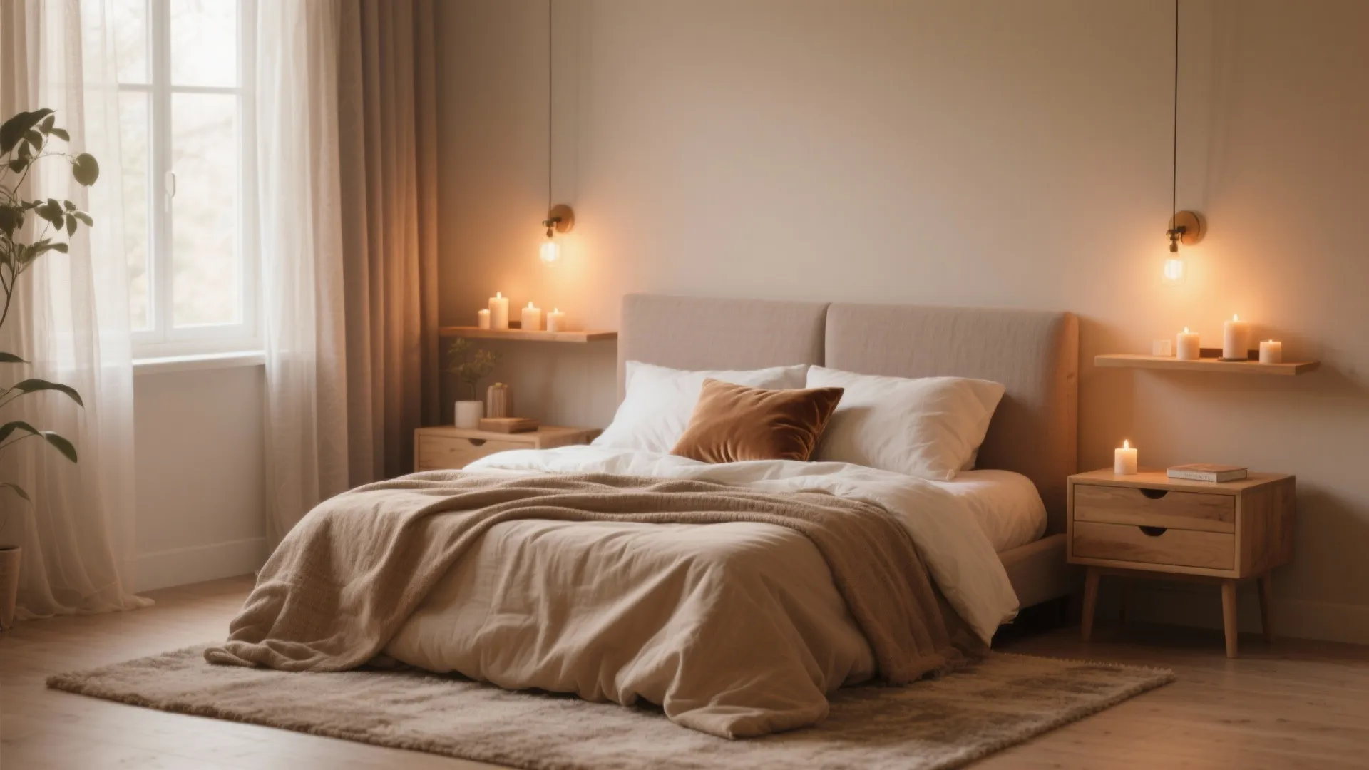 Warm cozy bedroom featuring beige bed wooden nightstands hanging light bulbs candles and soft natural light
