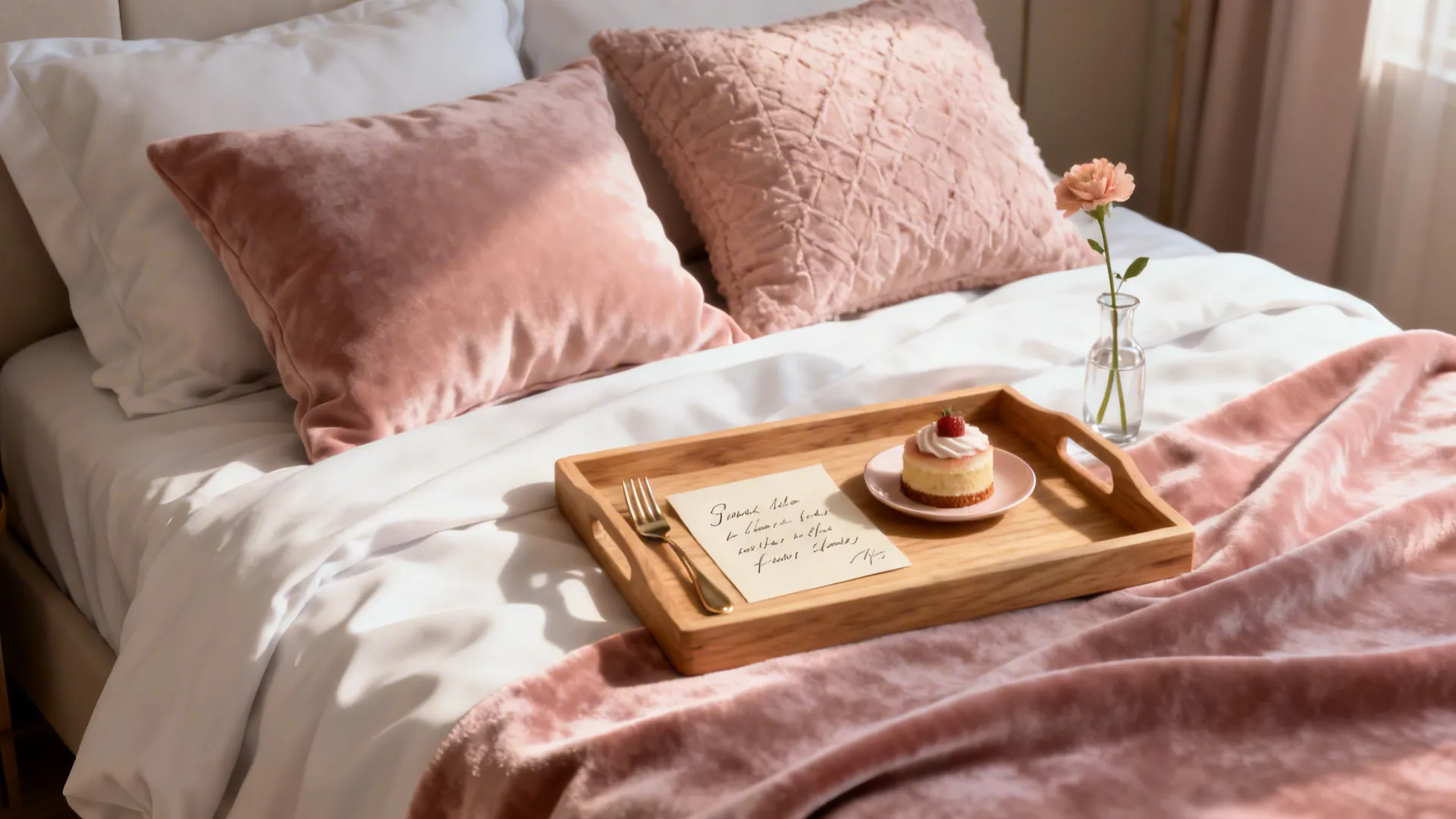 Layered linen and velvet bed with a wooden tray, note, dessert, and a single-stem vase.