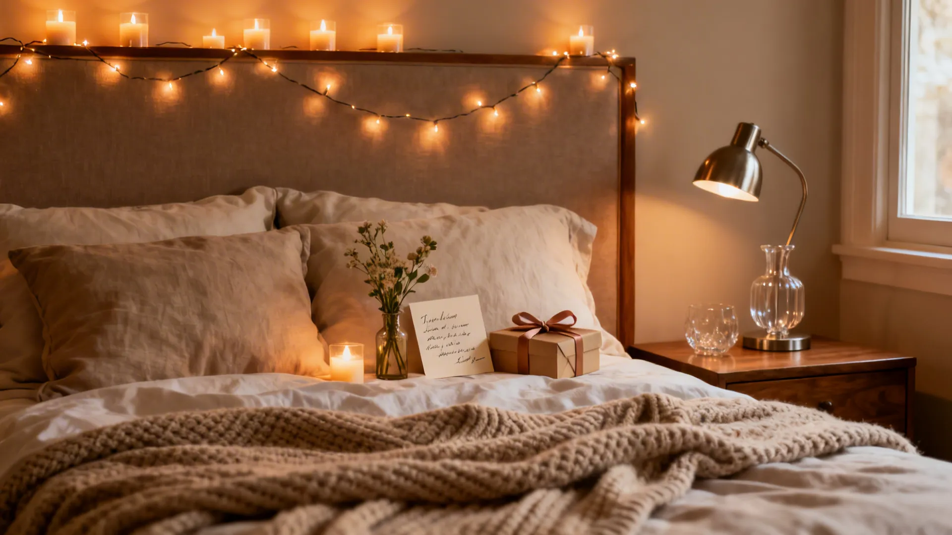 Cosy bedroom with string lights on headboard, gift box, note, candles, and a table lamp