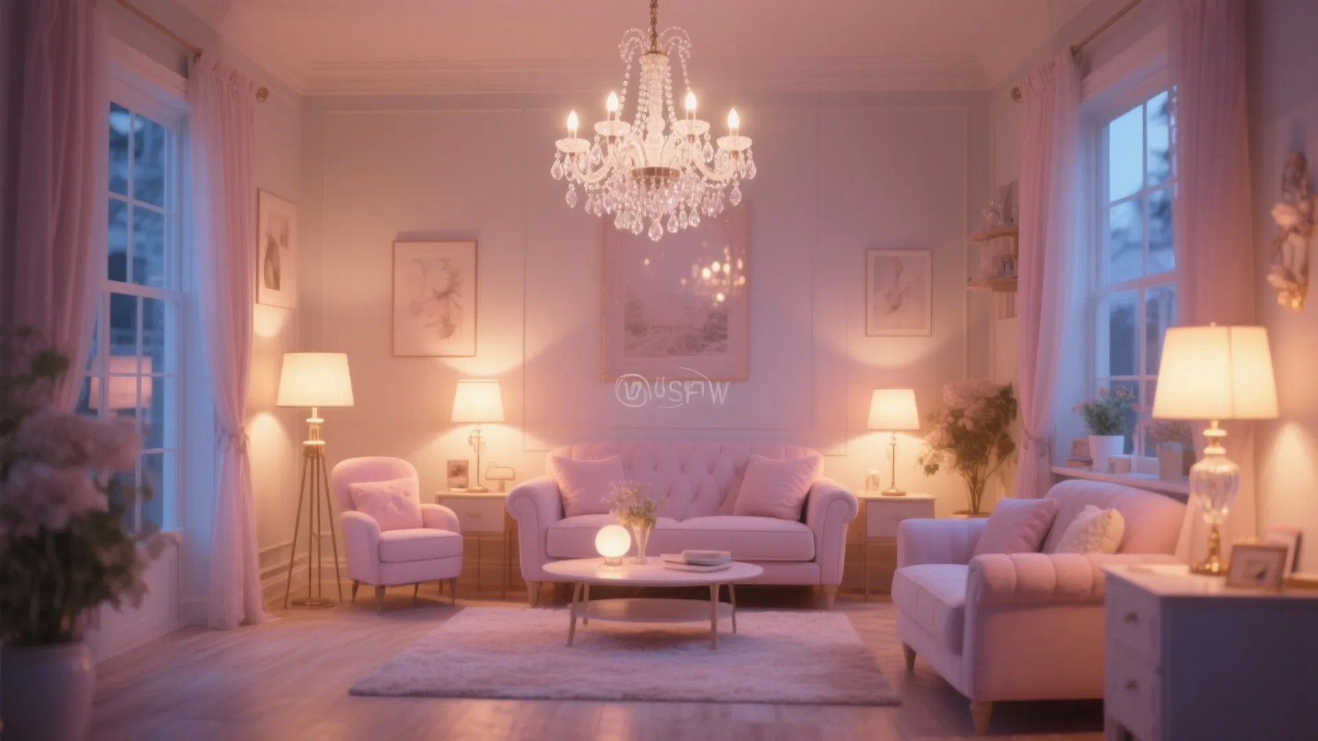 Cozy living room featuring crystal ceiling light pink sofas white rug and warm floor lamp lighting