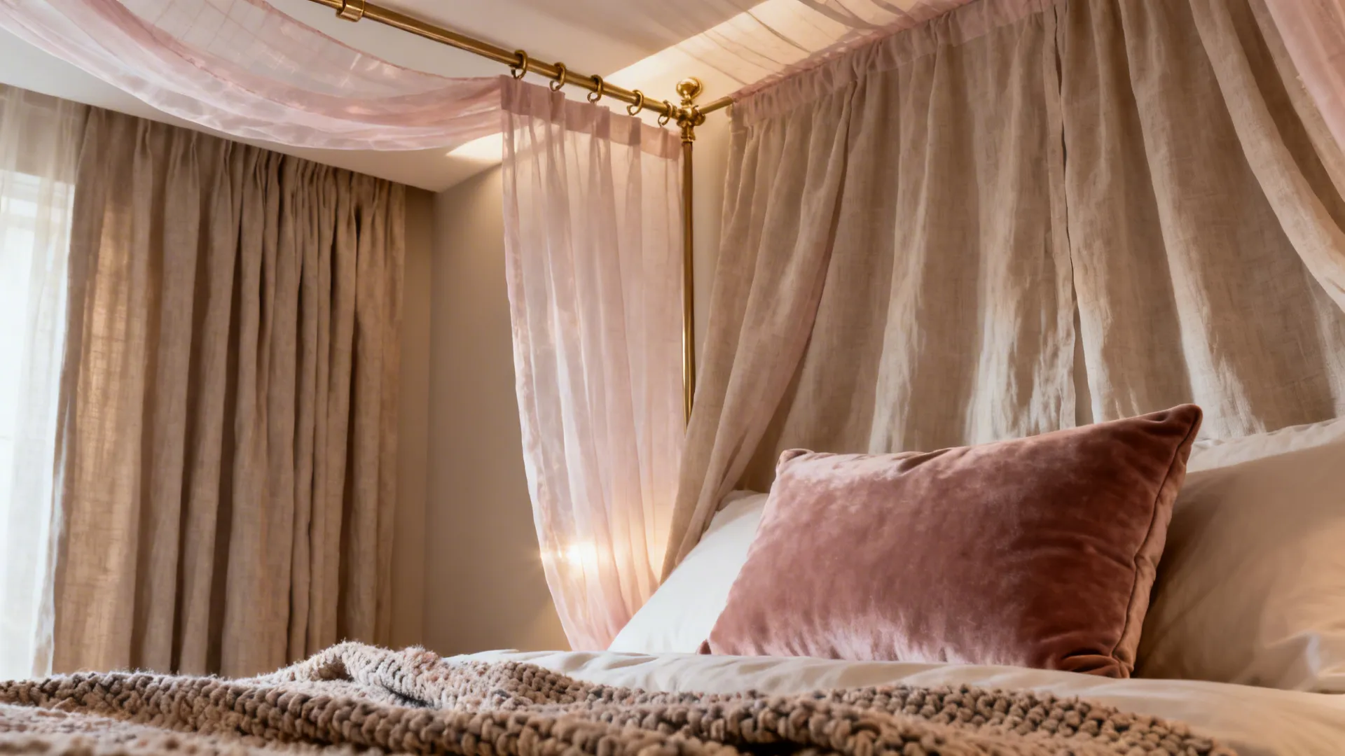 Elegant bed with pink pillow, knitted blanket, and soft pink curtain hanging from brass poles