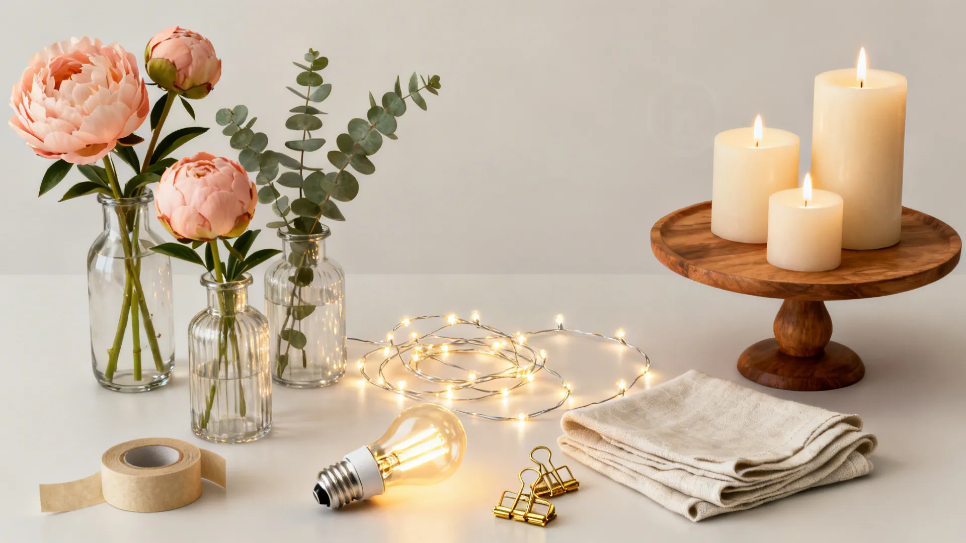 Flat lay of warm LEDs, micro strings, bud vases, brass clips, linen, flameless candles, and a wooden cake stand.