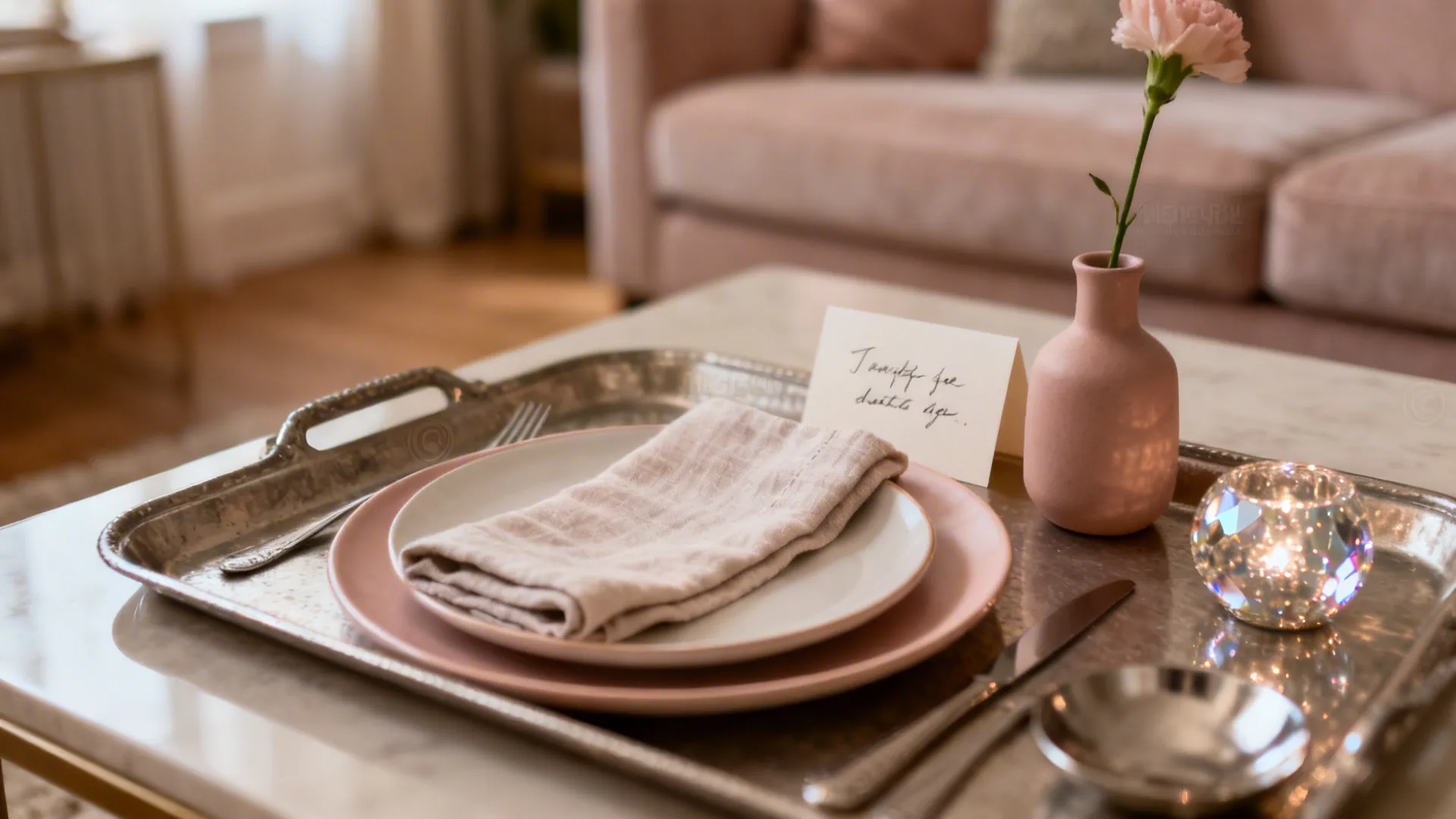 Macro view of a romantic tray with charger, linen, bud vase, and card on a coffee table.