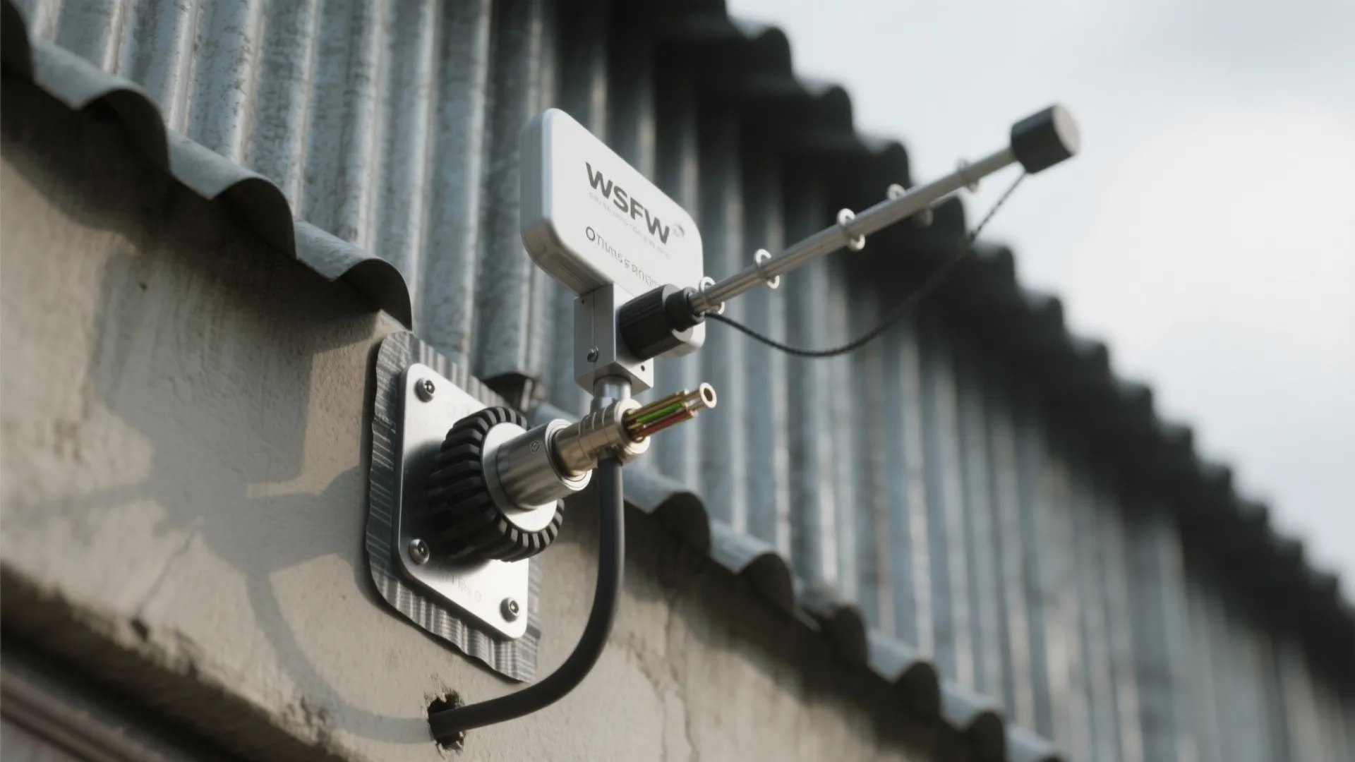 Directional roof antenna with short weatherproof coax feed sealed through corrugated metal wall.