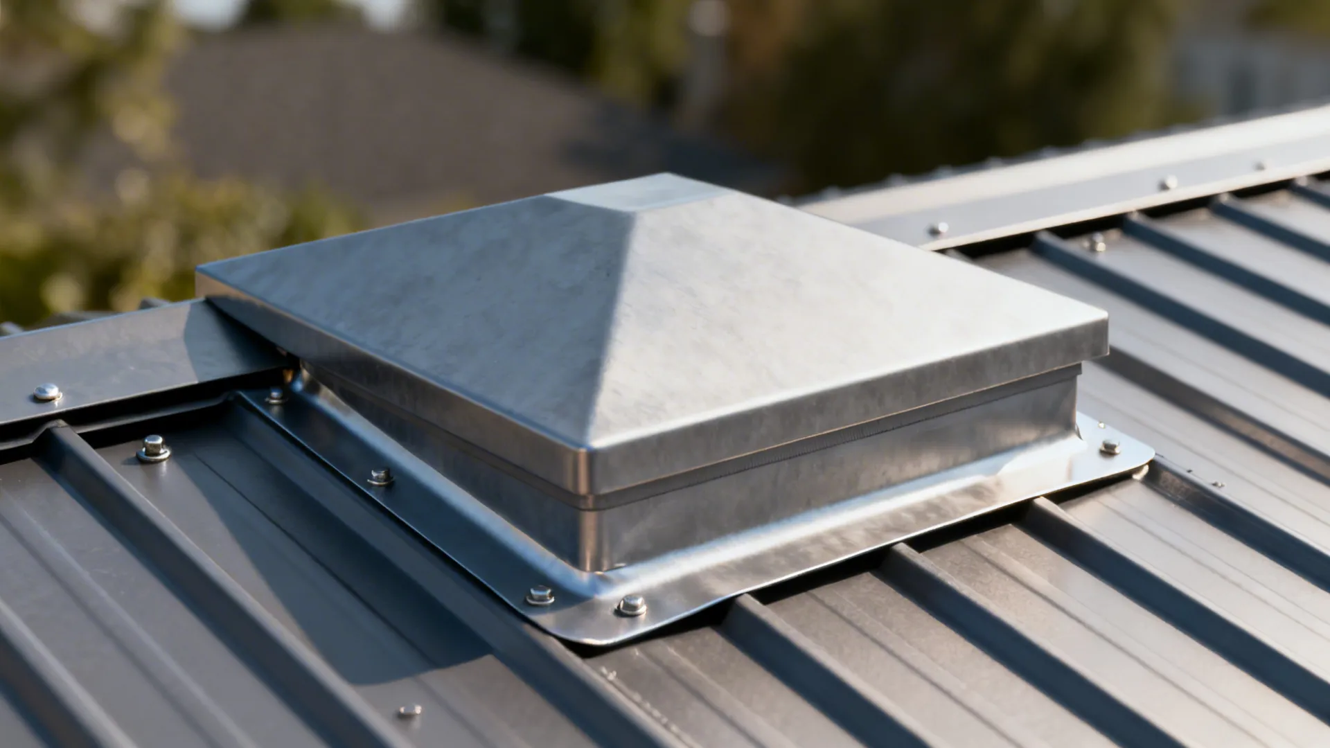 Macro of a low-profile roof vent cap with clean flashing on a metal roof.