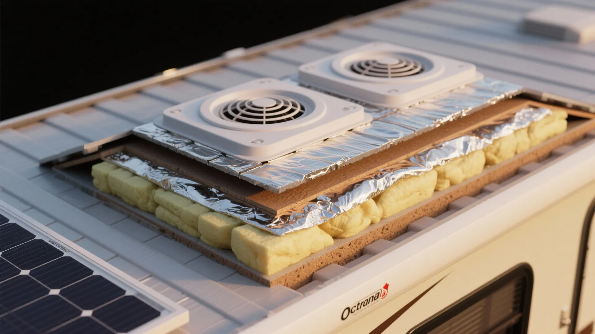 Close-up of roof vent and layered insulation components in an RV roof assembly.