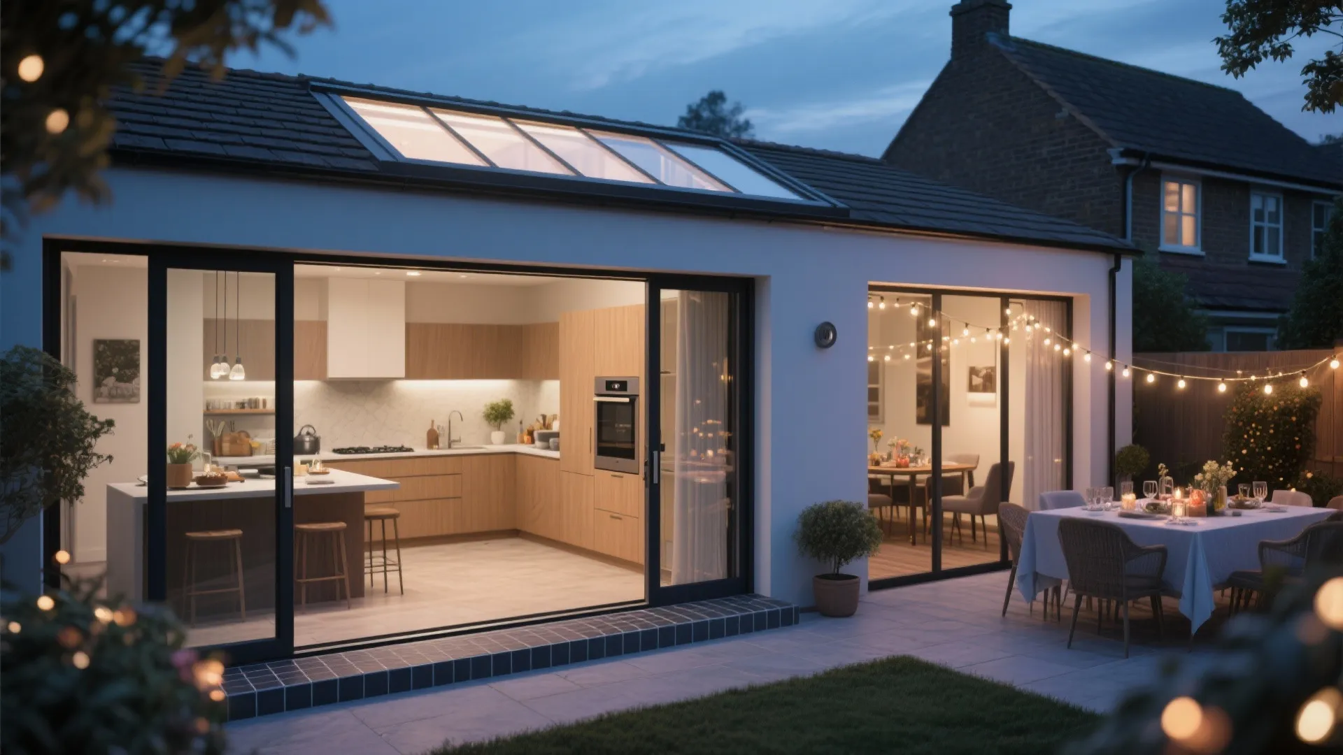 Partial roof lantern over a kitchen extension with bi-fold doors open to a patio.