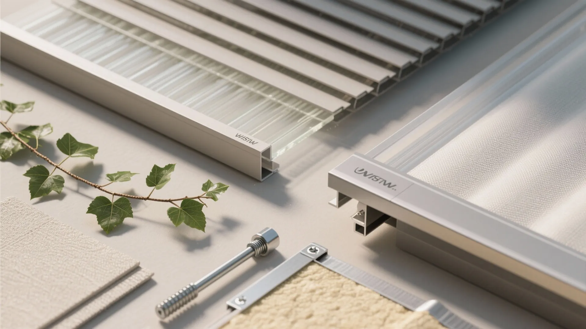 Assorted patio roof materials including metal frames glass panels fabric samples and screws on grey surface