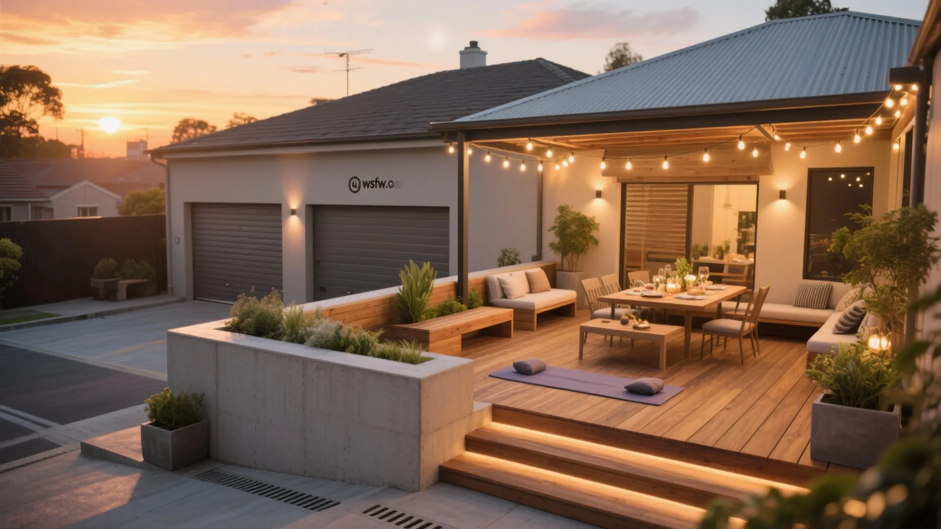 Roof terrace over a garage with timber decking, pergola, planters, and string lights at sunset.