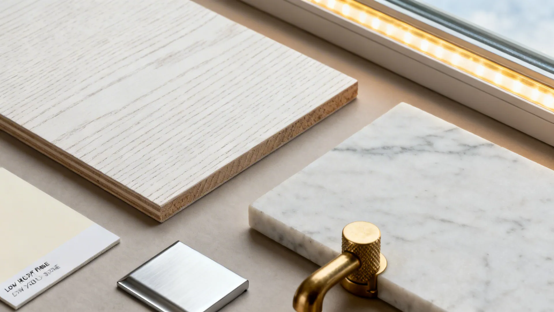 Material flatlay with oak, matte paint, quartz, LED strip, and brass hardware.