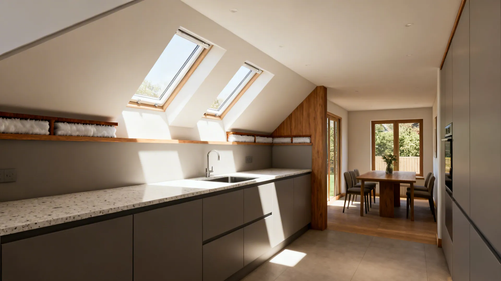 Kitchen extension with a vaulted edge and two rooflights over the prep counter.
