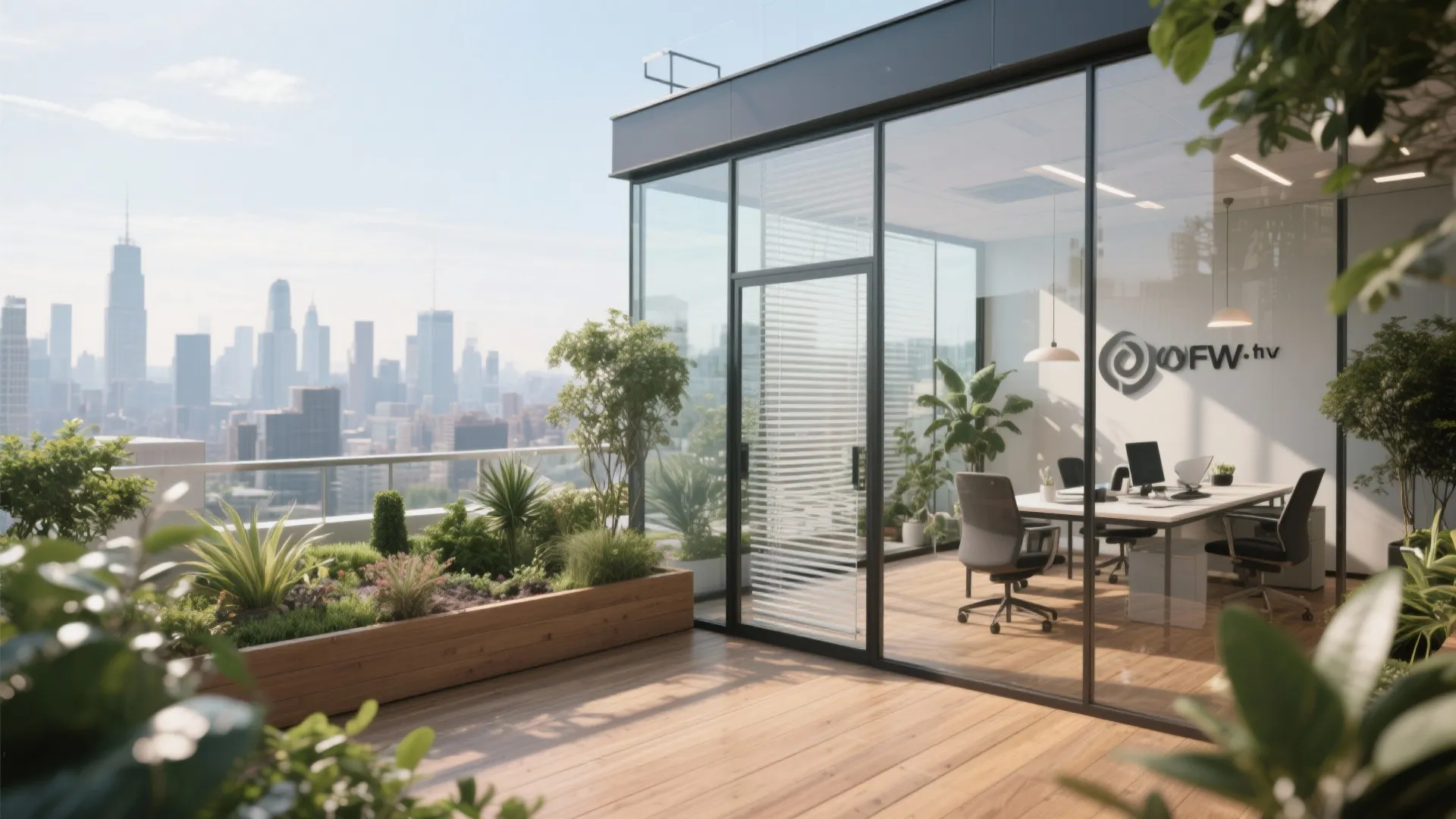 Rooftop garden office with panoramic city skyline and plants
