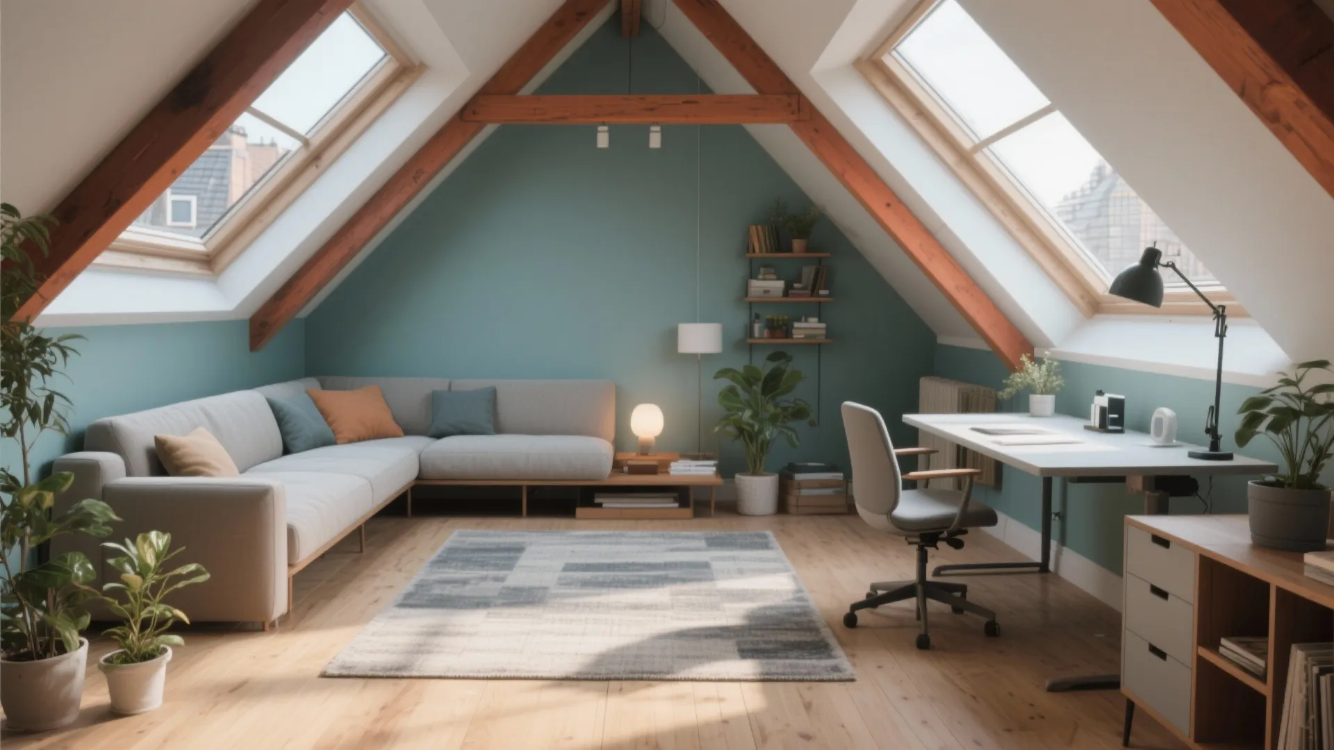 Modern attic home office and living room with grey sofa wooden beams plus roof windows