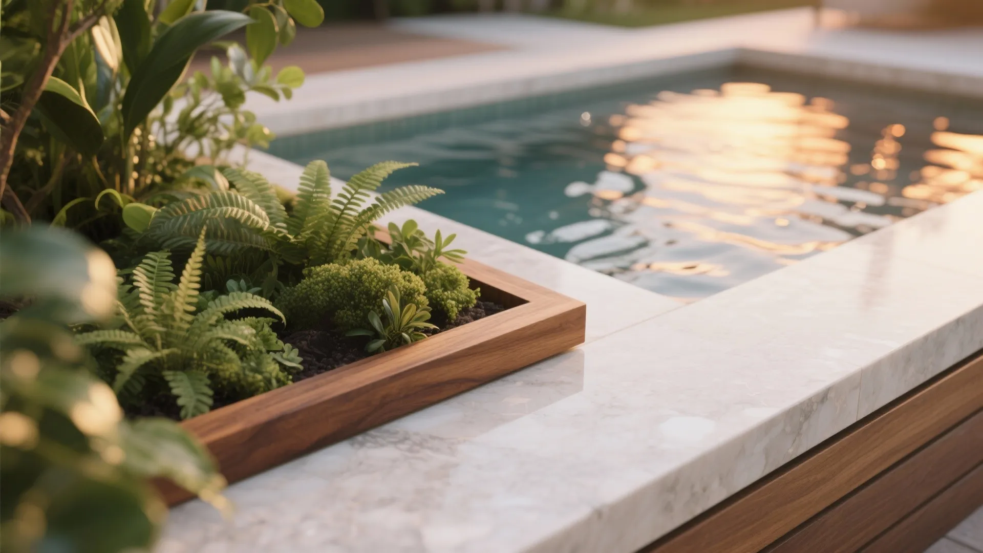 Close-up of green fern plants in wooden planter box next to marble swimming pool edge