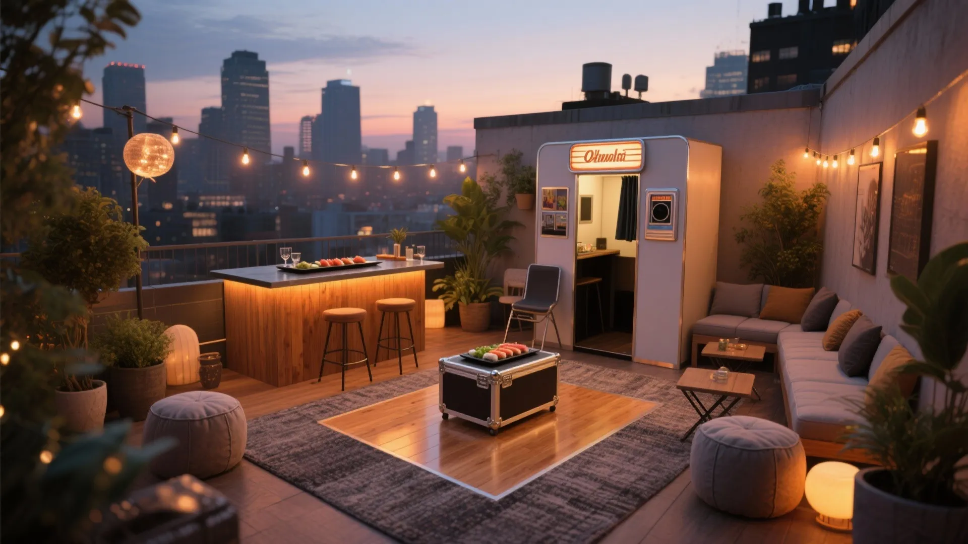 Cozy rooftop terrace with a wooden bar and grey sofa decorated with hanging string lights