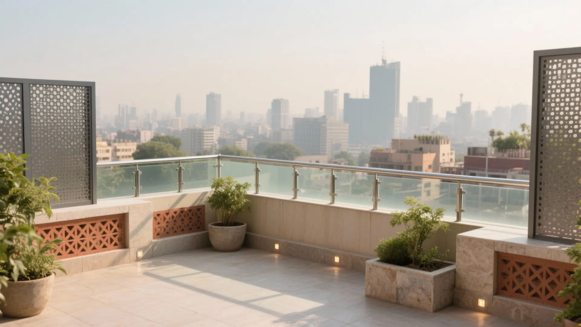 Modern rooftop terrace with glass railing potted plants stone tiles and a city skyline view