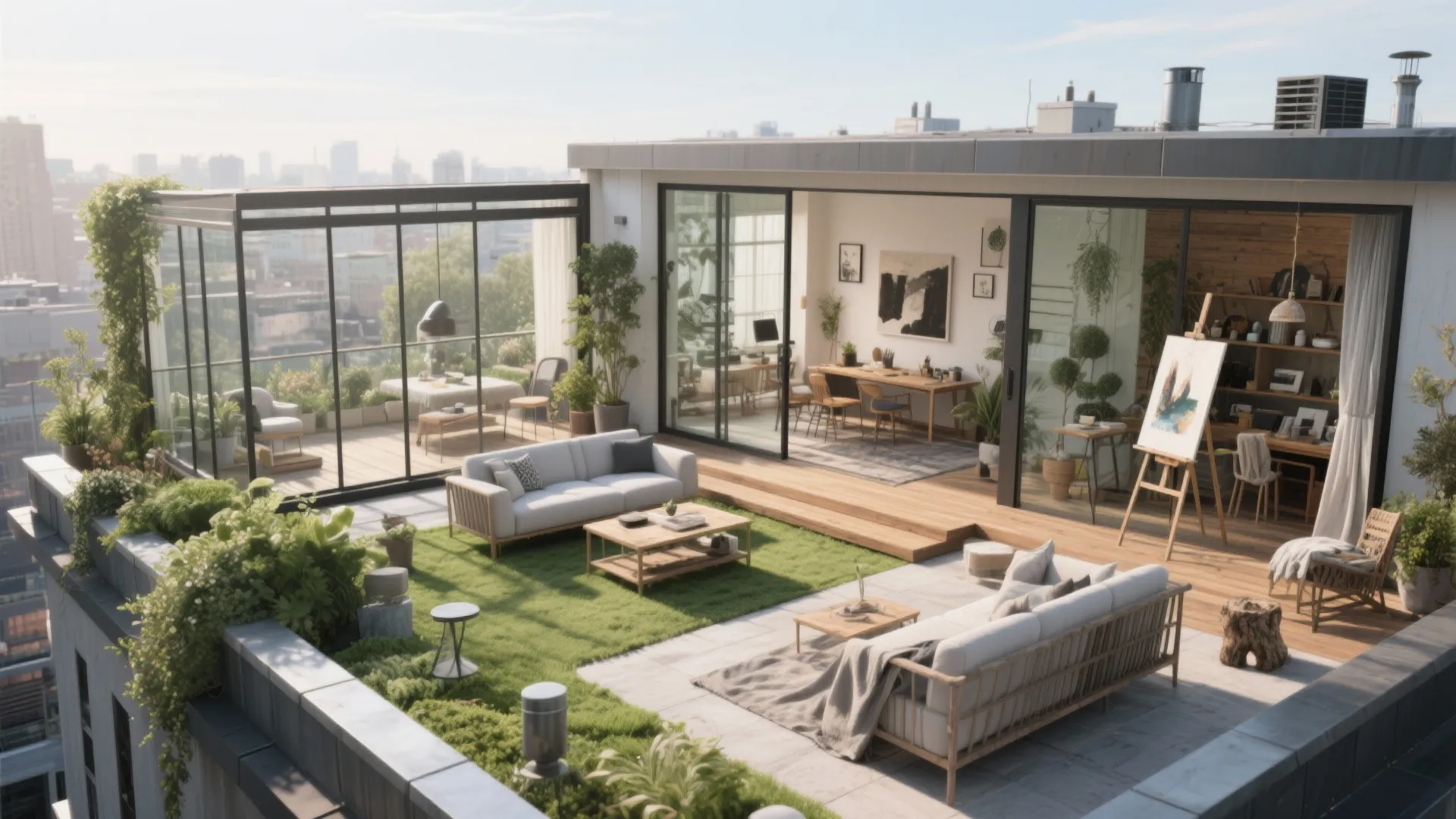 Modern rooftop terrace with grey sofa outdoor plants grass area and city view background design