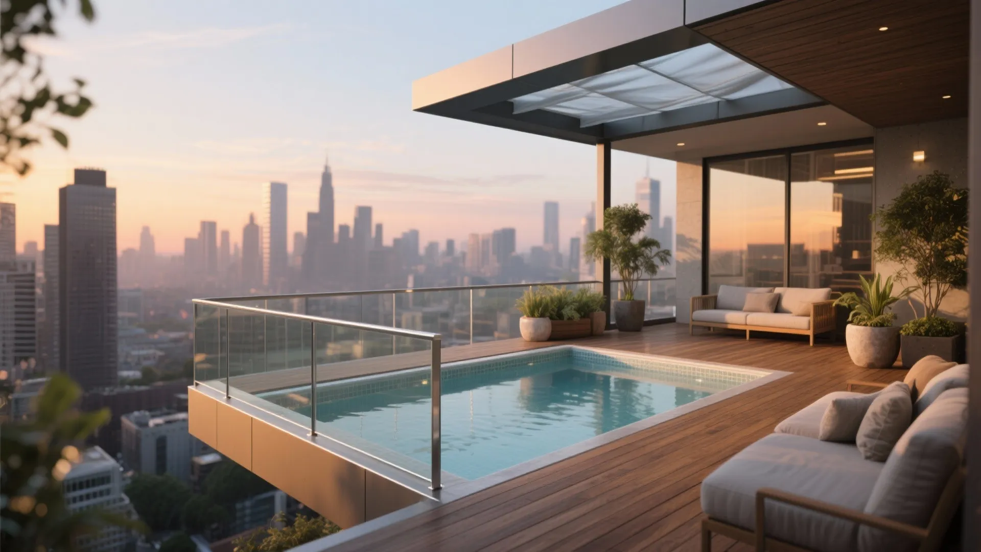 Rooftop terrace with small swimming pool, comfortable outdoor sofas, and sunset view of city skyline