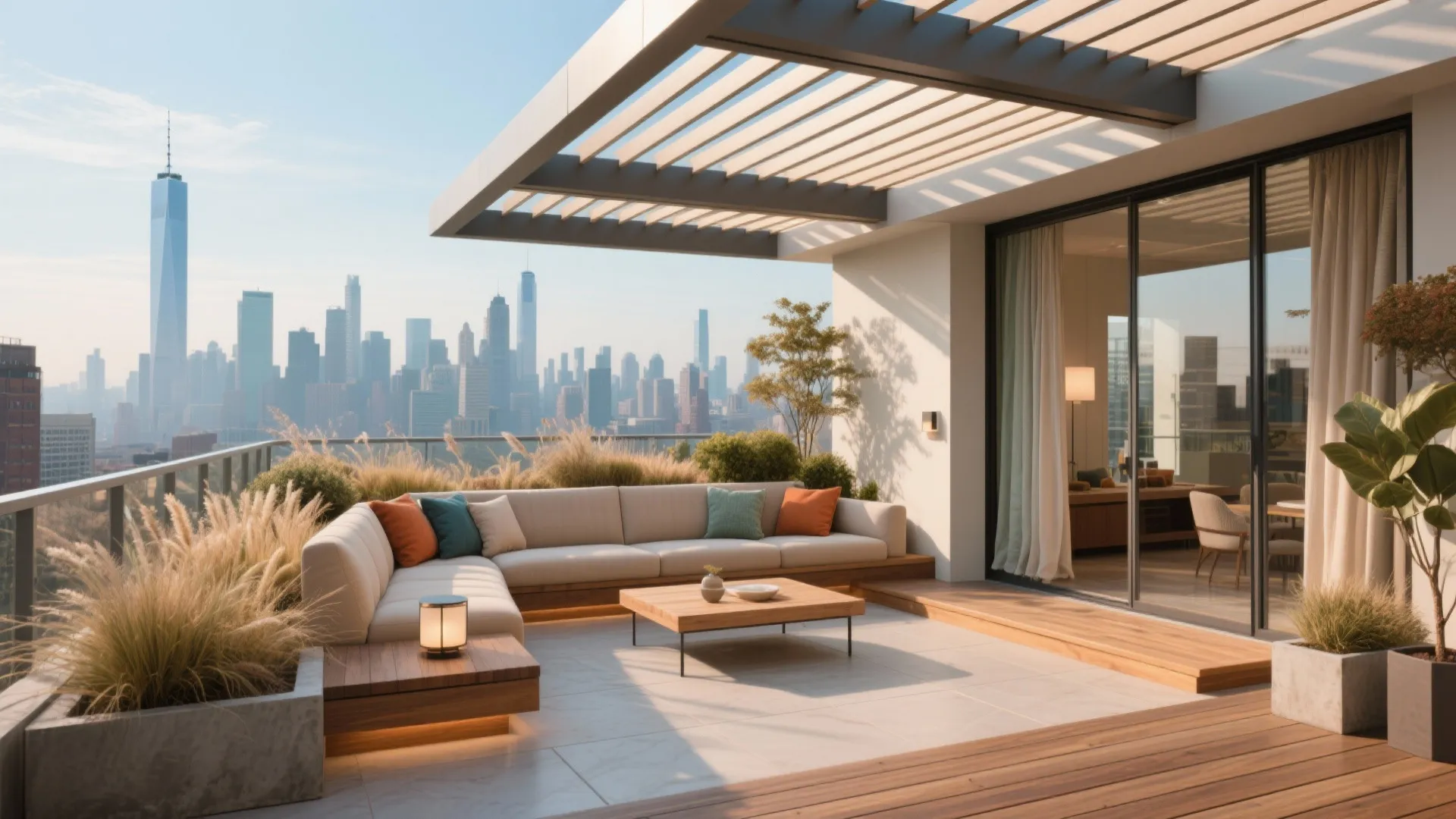 Modern rooftop terrace with beige sofa and wooden table overlooking city skyline under blue sky