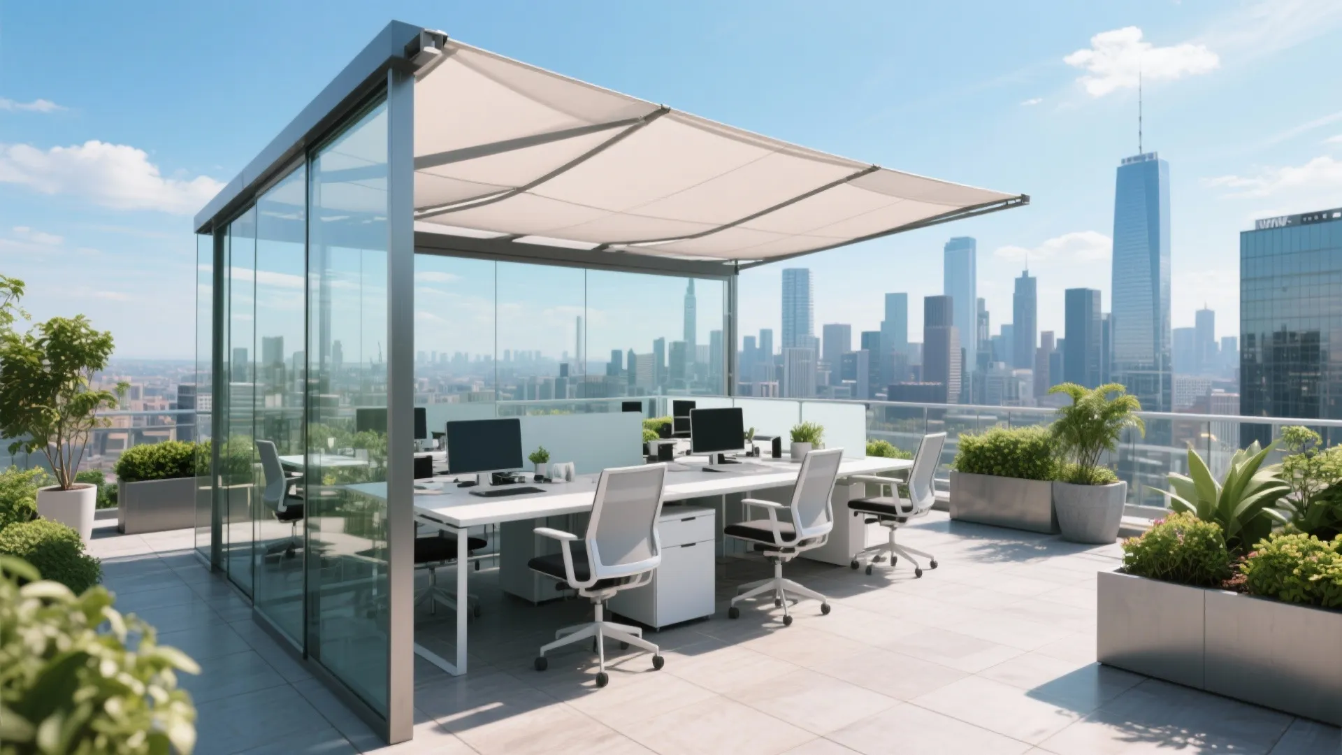 Modern rooftop office with panoramic city views