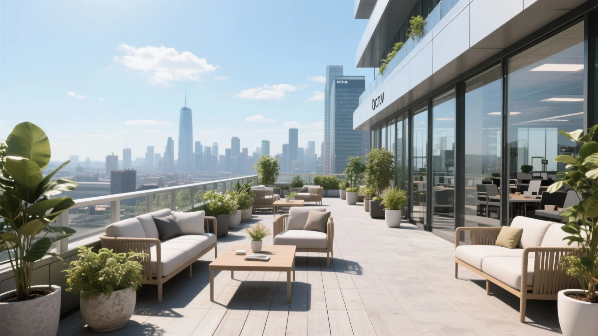Rooftop office terrace with seating and city view