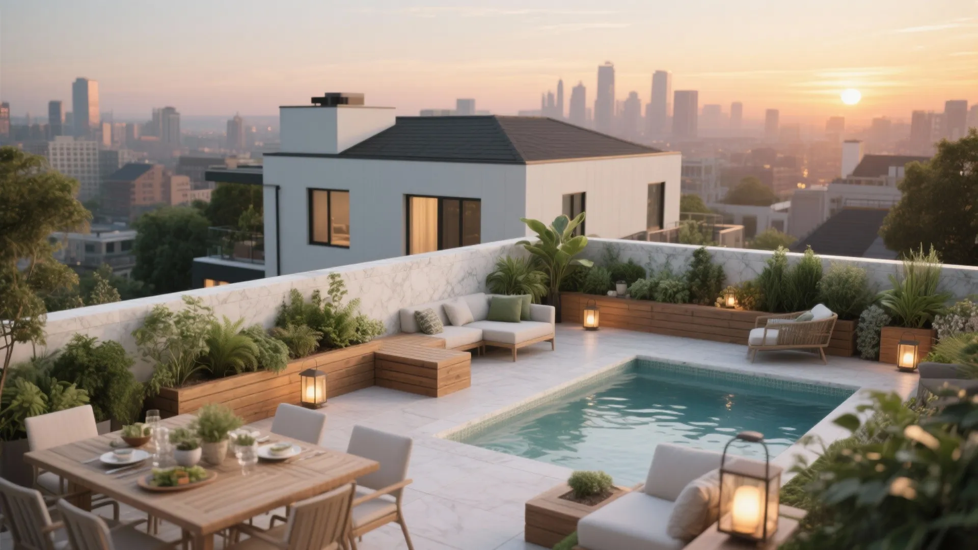 Rooftop terrace with small swimming pool dining table and lounge chairs overlooking a city sunset
