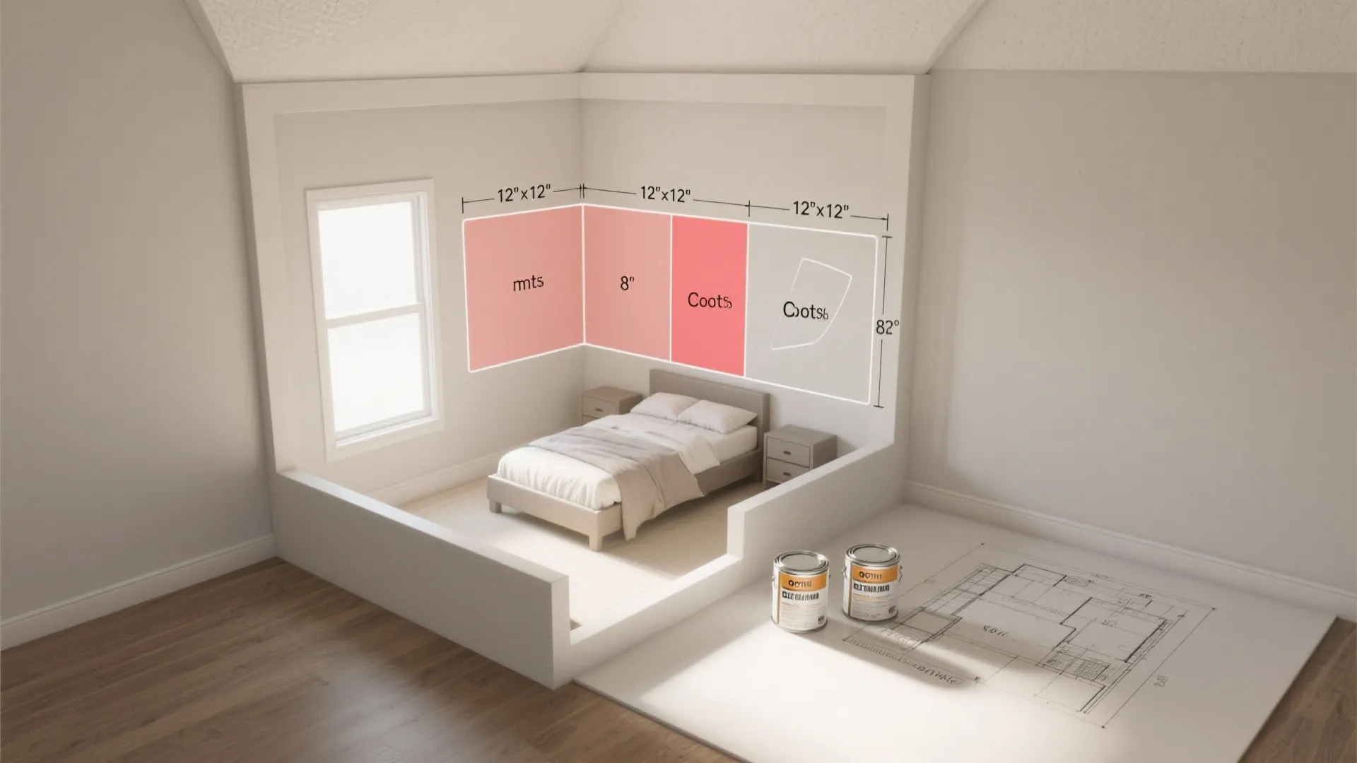 Interior design drawing showing a 3D bedroom model with wall measurements and floor plan sketches