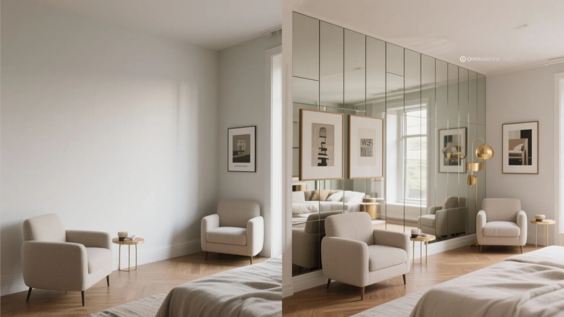 Before and after interior design comparison showing a plain wall transformed into a mirrored wall