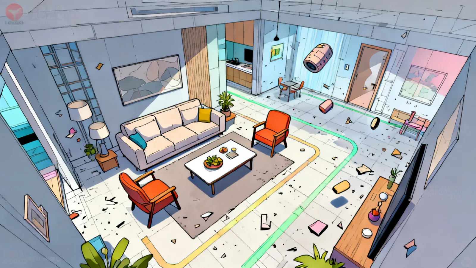 floor plan showing walking circulation paths in a living room layout