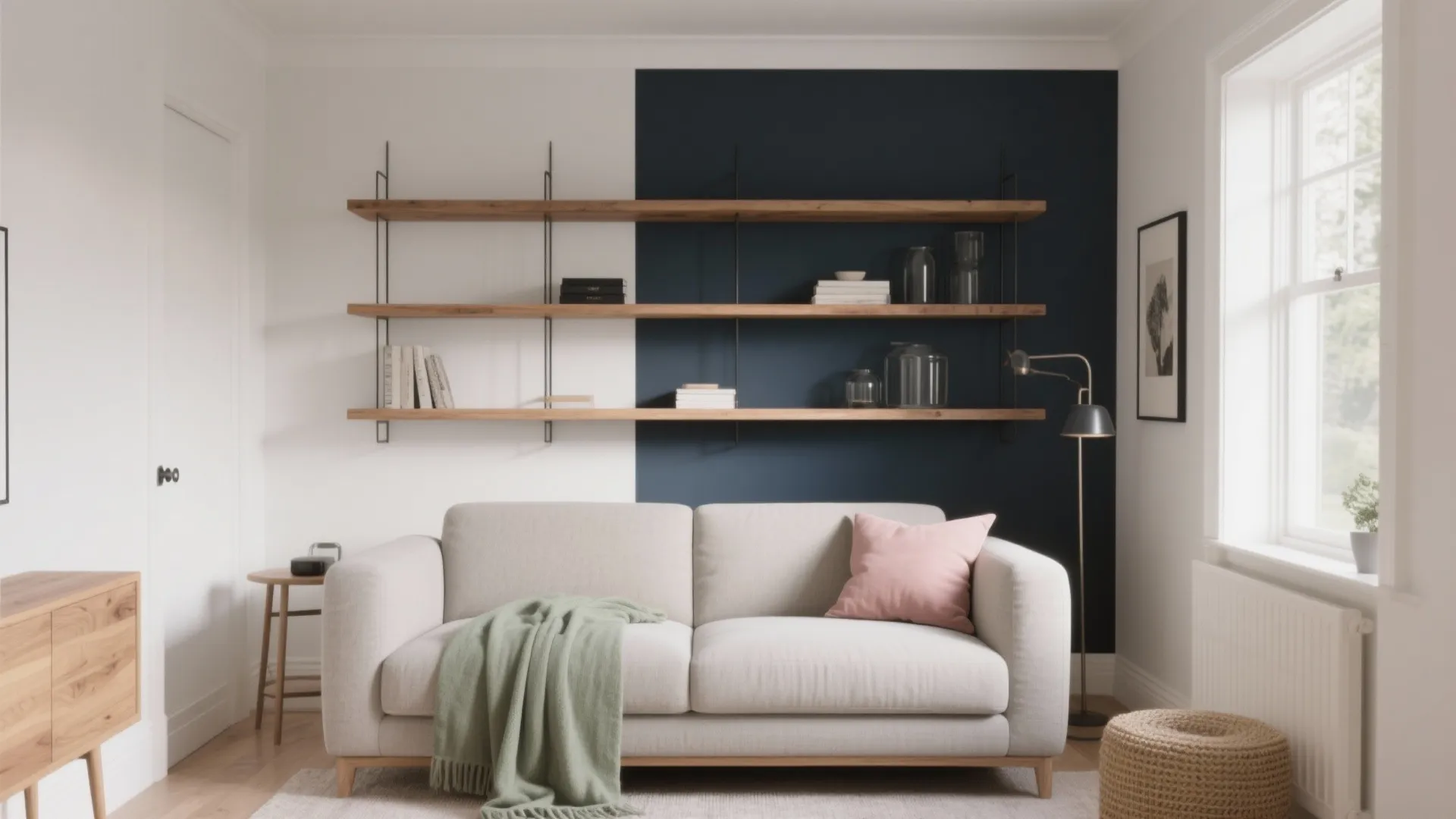 Minimalist living room with beige sofa wooden shelves on blue and white wall and floor lamp
