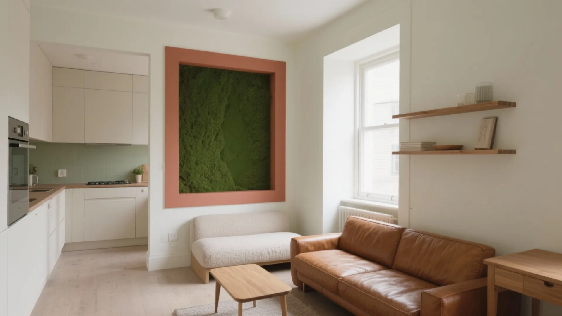 Modern open-plan apartment with leather sofa and a green moss feature on the white wall
