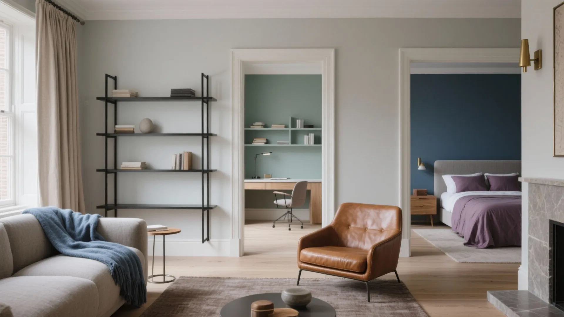 Spacious living room with sofa leather chair bookshelf plus views into study area and bedroom