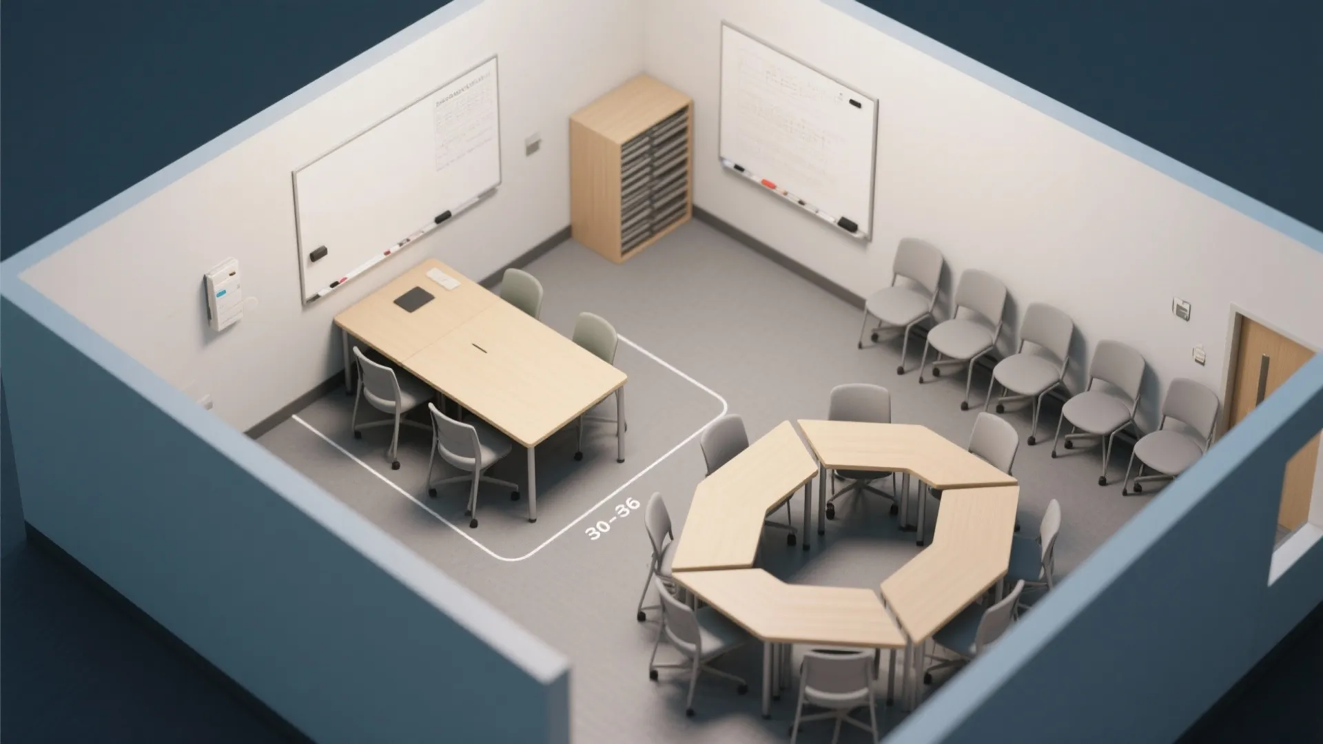Classroom layout showing a rectangular table and a hexagonal table with grey chairs and whiteboards