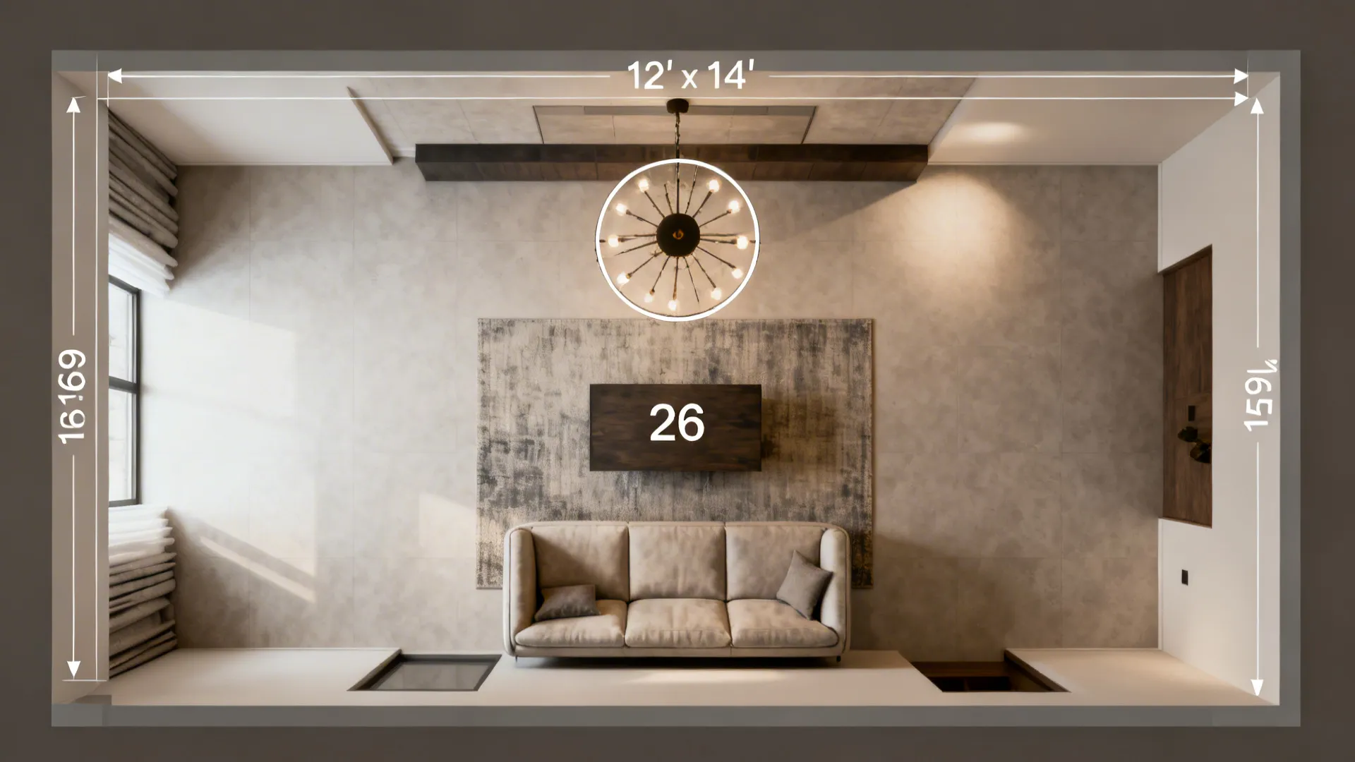 Interior design drawing showing room dimensions with a sofa ceiling light and grey wall panel