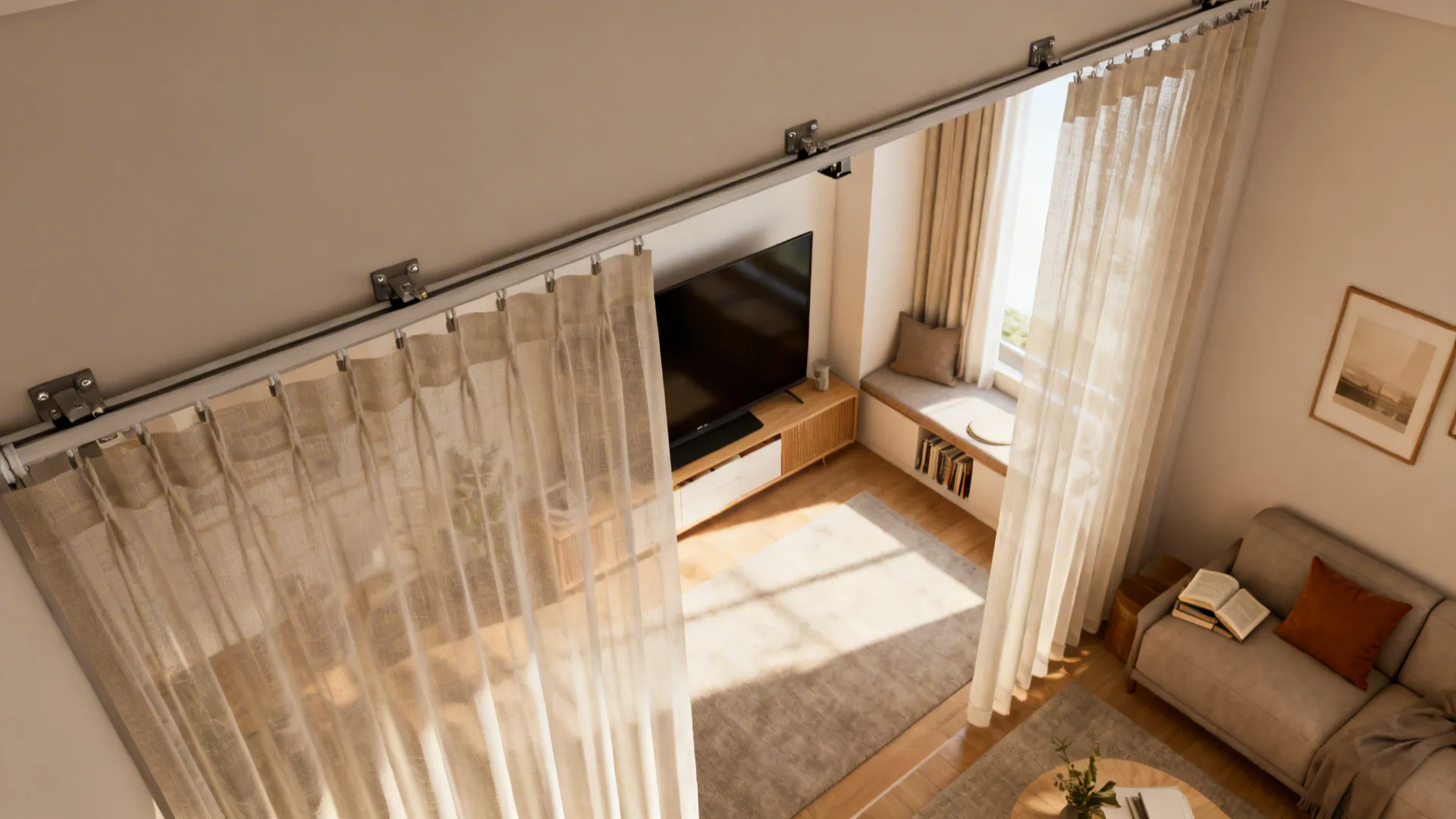 Living room layout with light sheer curtains used as a room divider from high angle