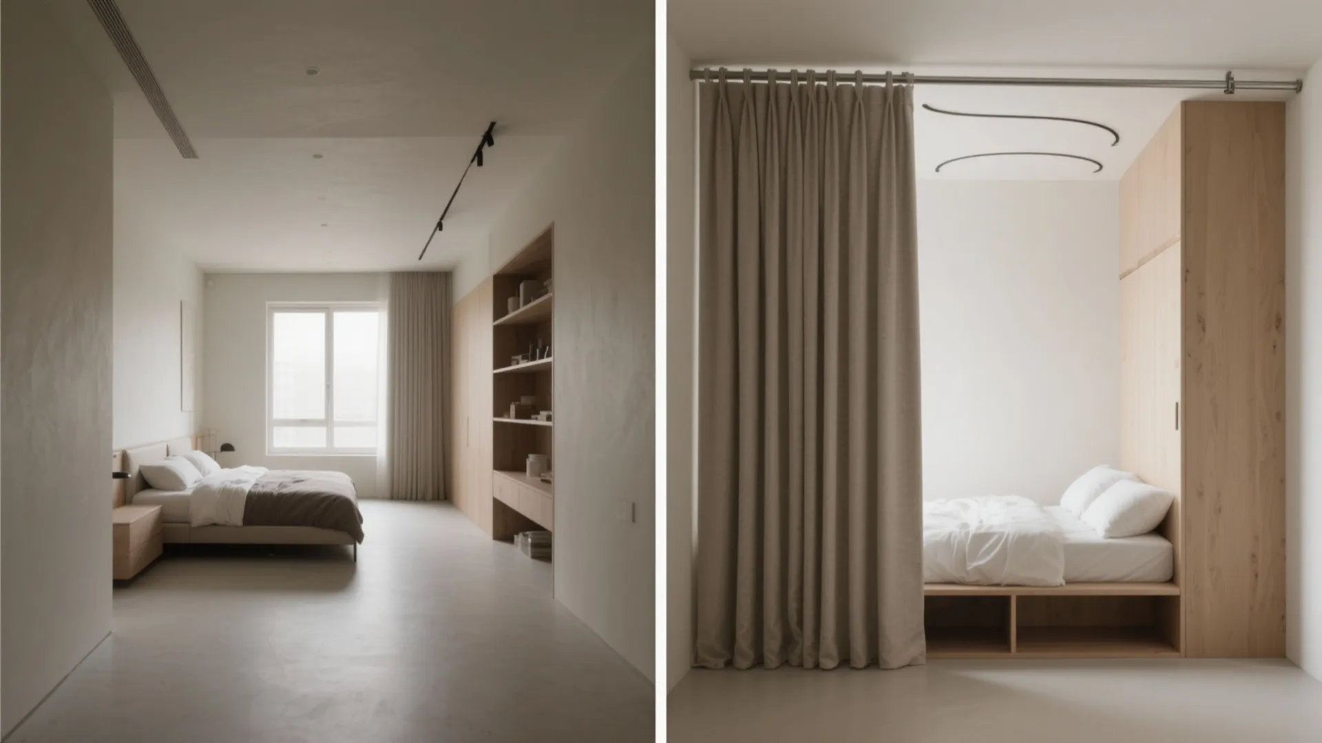 Before-and-after studio view showing a slim ceiling-track curtain creating a private sleeping nook and hiding storage.