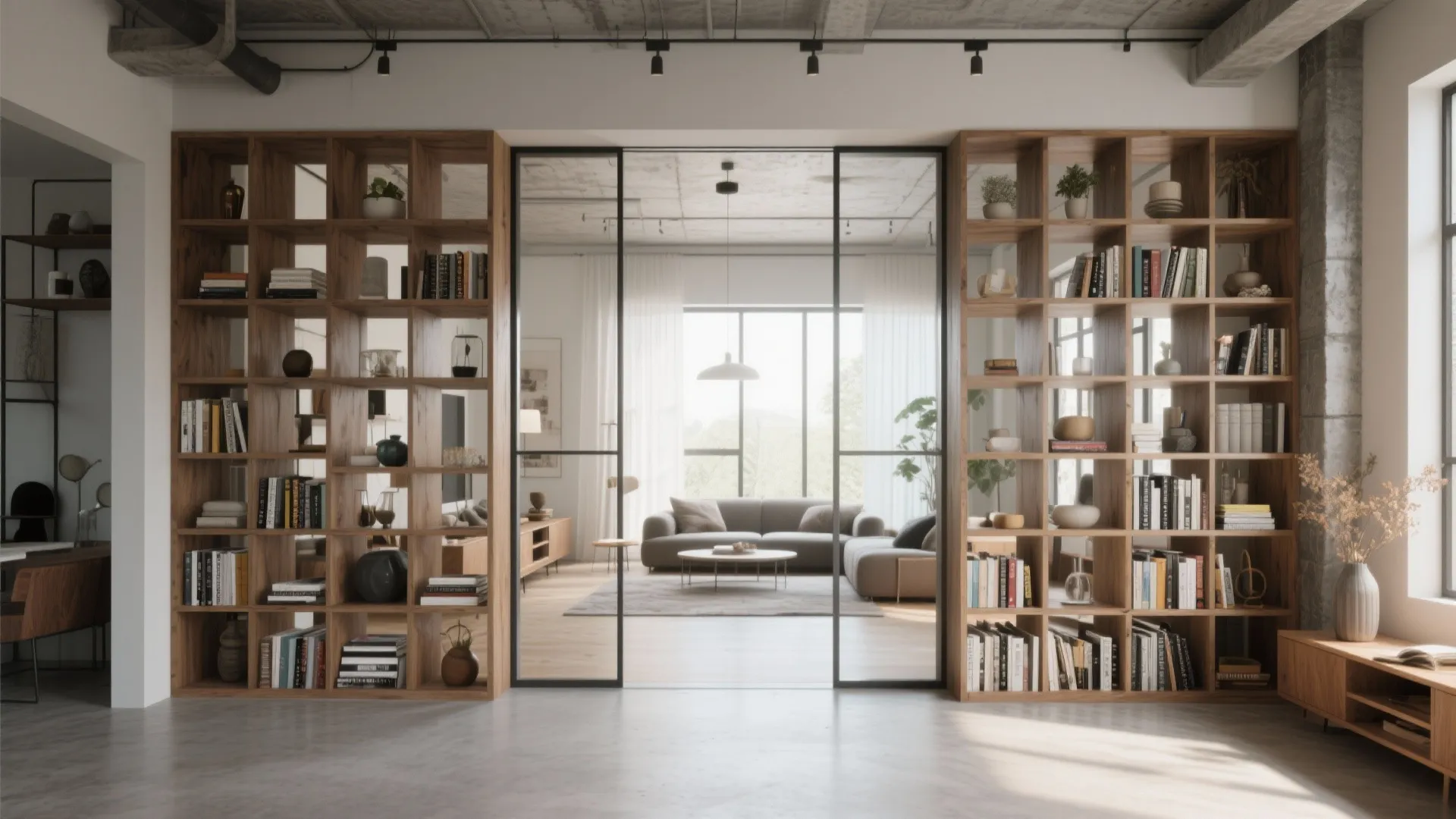 Open-back bookcase dividing two areas in a loft-style room
