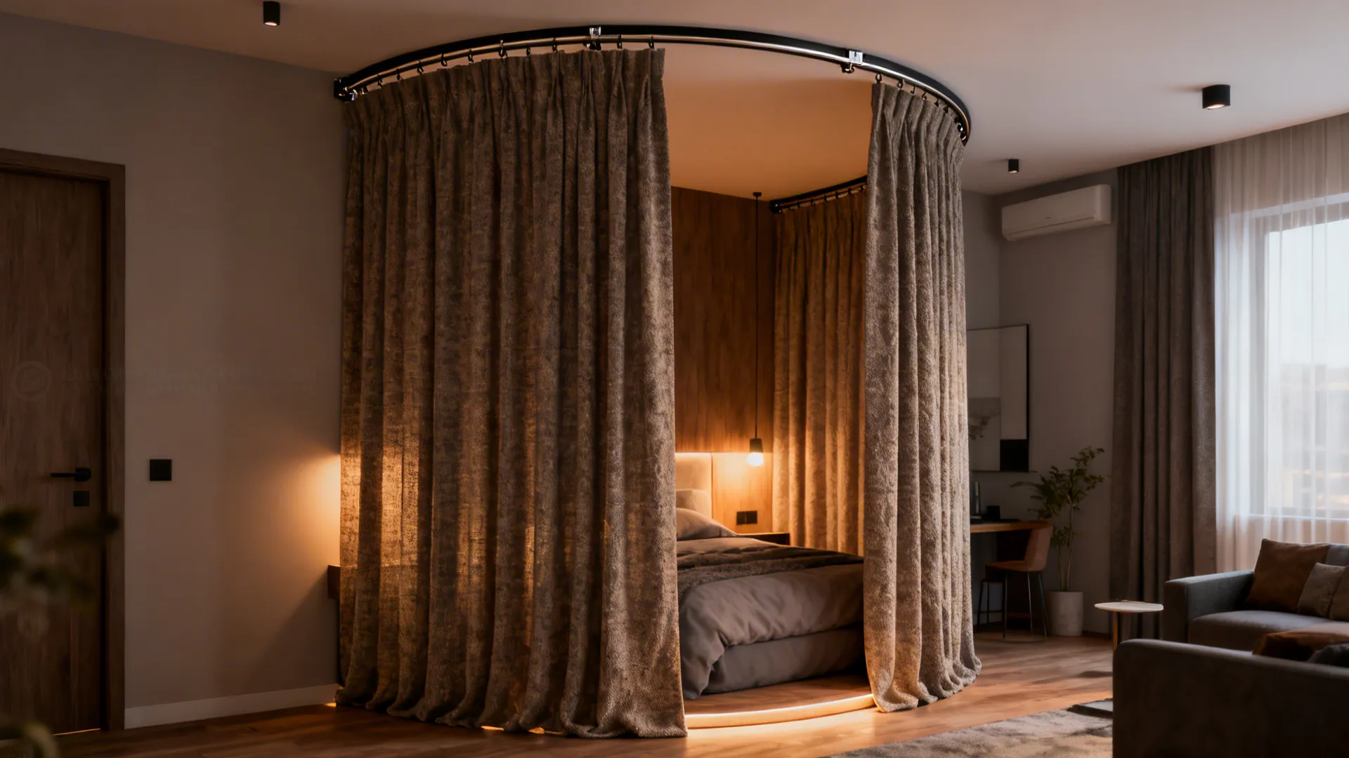 Brown circular curtain used as a room divider around a bed in a modern studio apartment