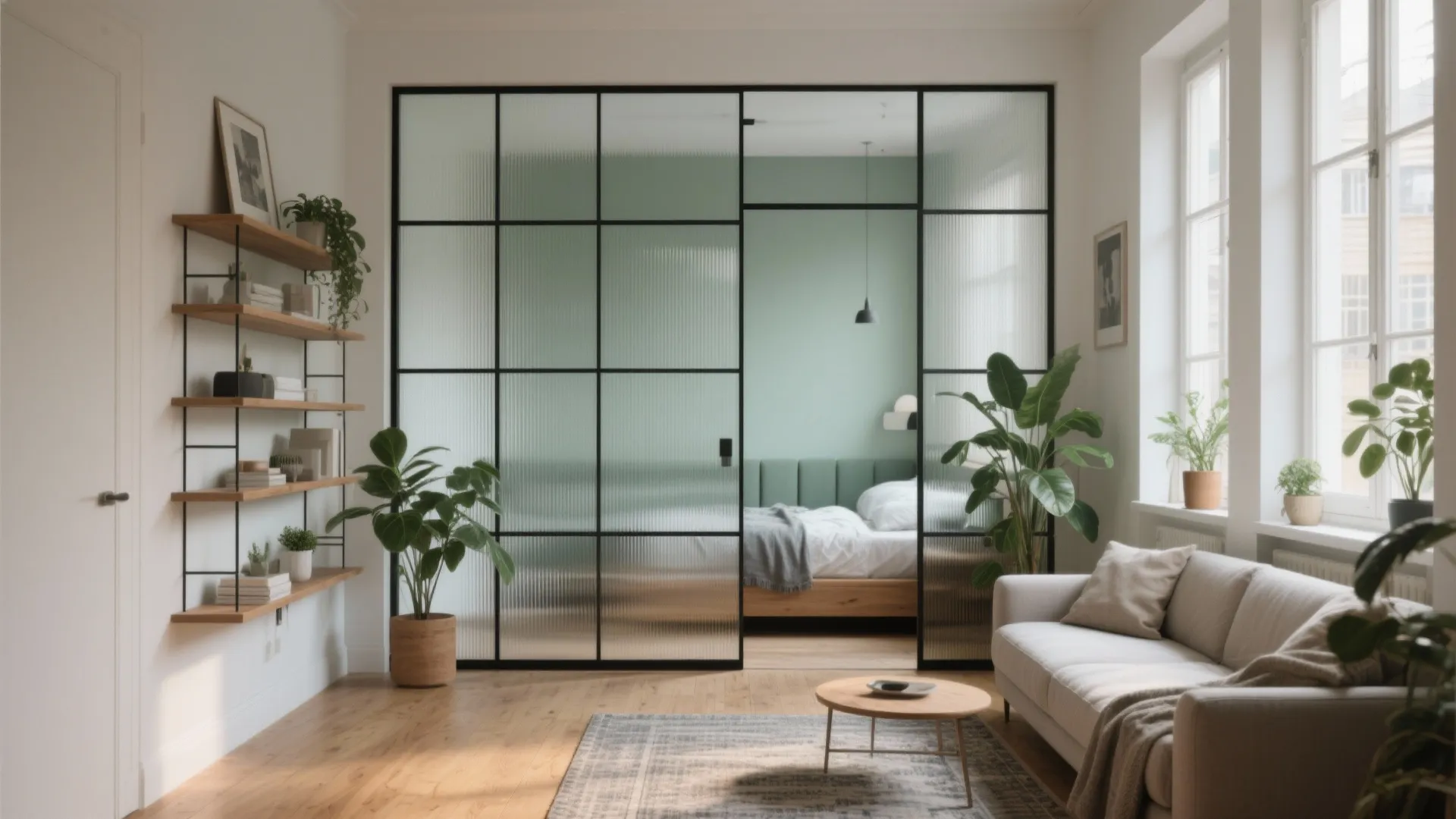 Modern apartment with glass wall partition separating a bright living room from a green bedroom