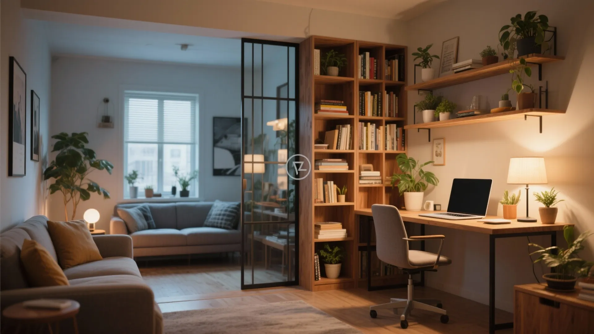 Home office with wooden bookshelf, desk, laptop, chair, separated from living room by glass door