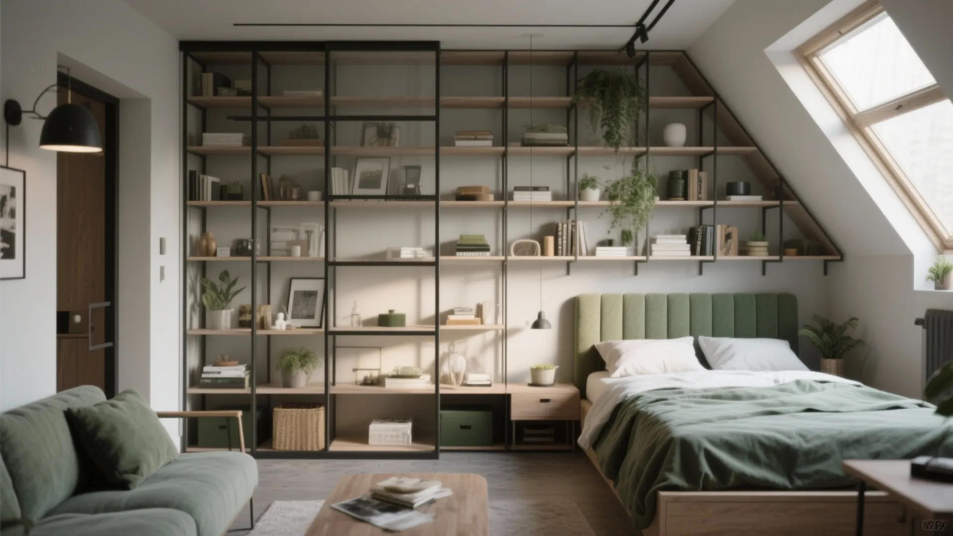 Modern bedroom with green bed large wall bookshelf room divider wood floor and roof window