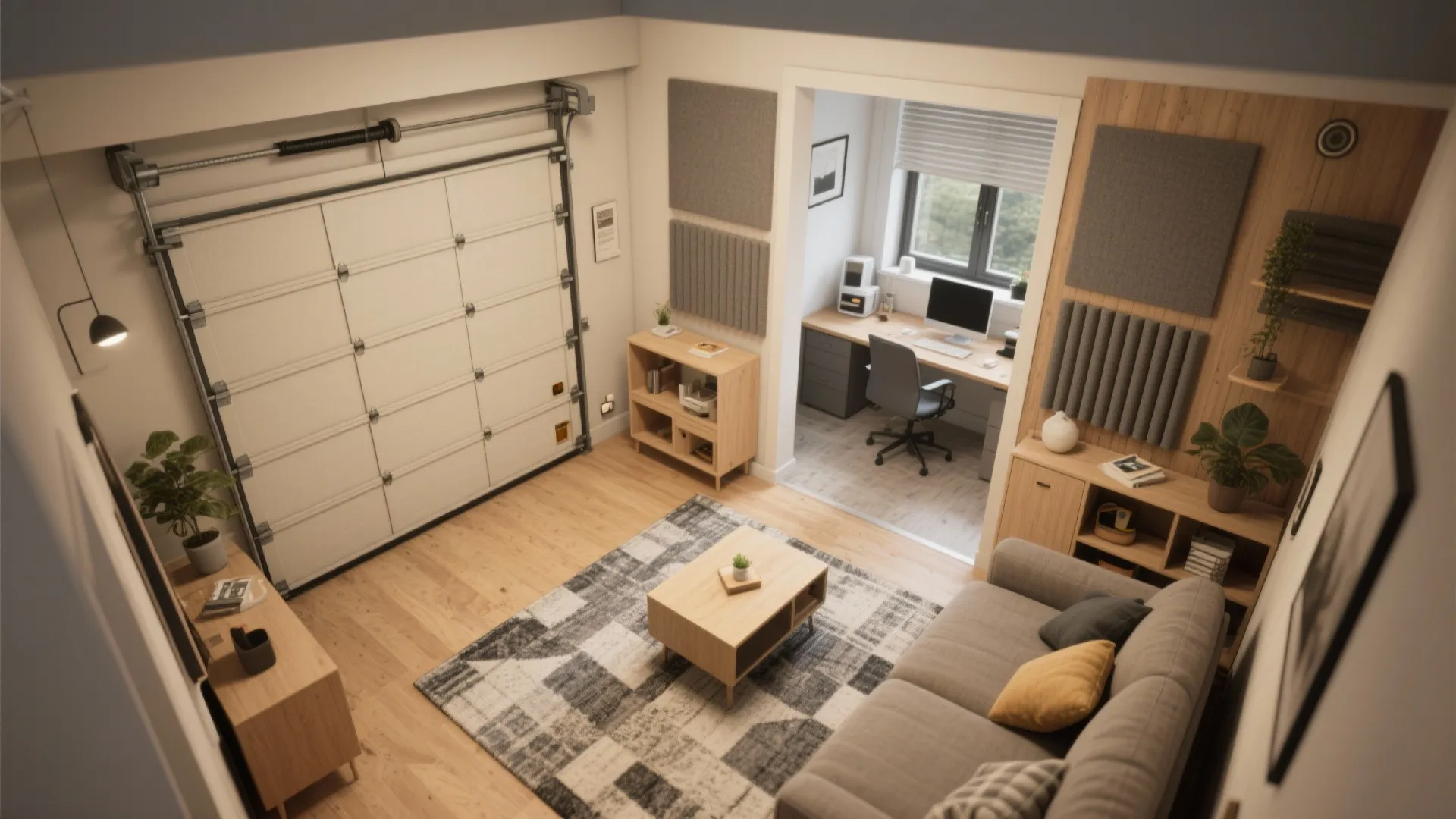Converted garage living space with white door, grey sofa, patterned rug, wooden floor and office